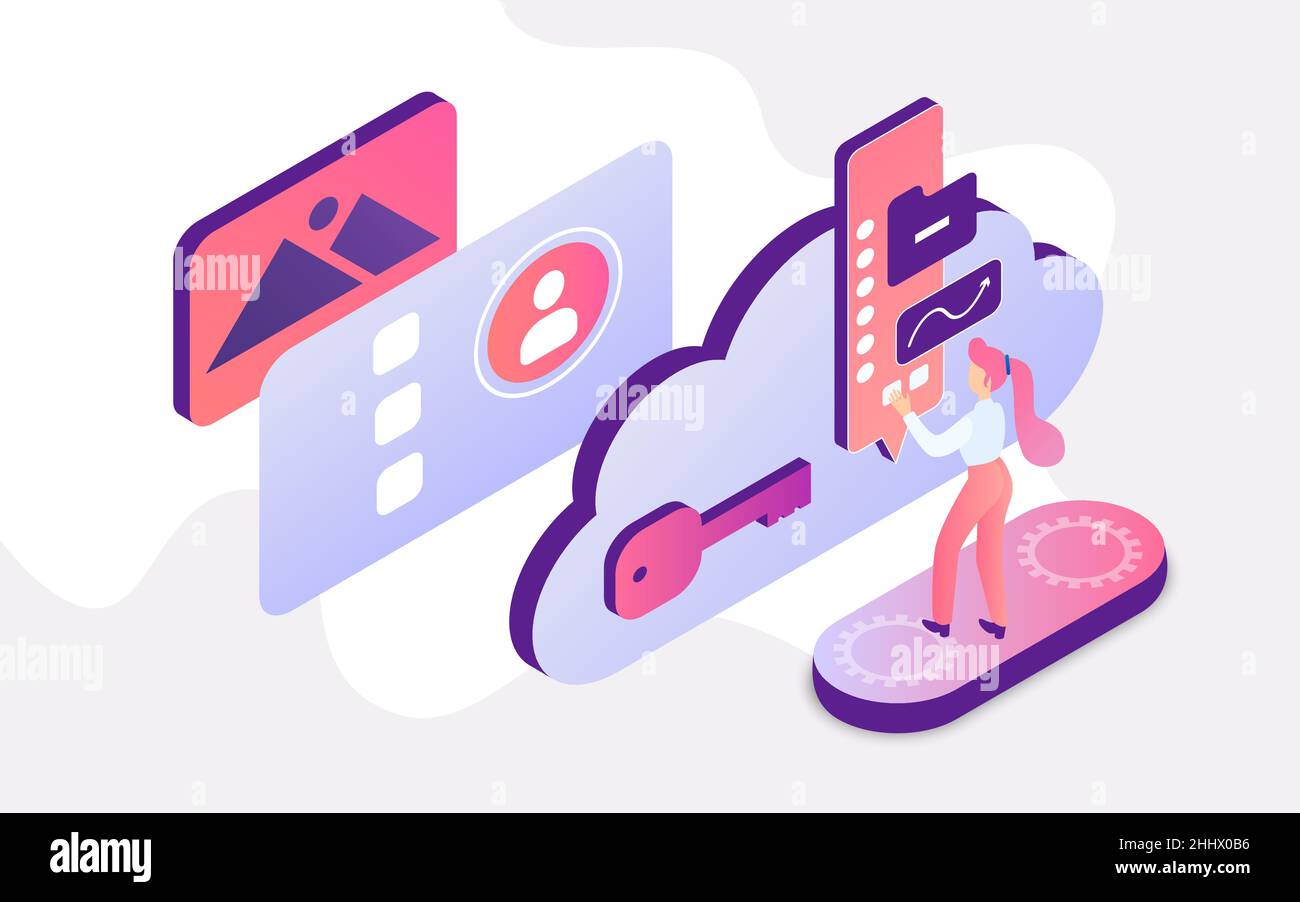 Le persone isometriche lavorano con l'illustrazione del vettore di concetto online del servizio cloud. Cartoon minuscola donna studente o lavoratore personaggio che lavora con clo grafico Illustrazione Vettoriale