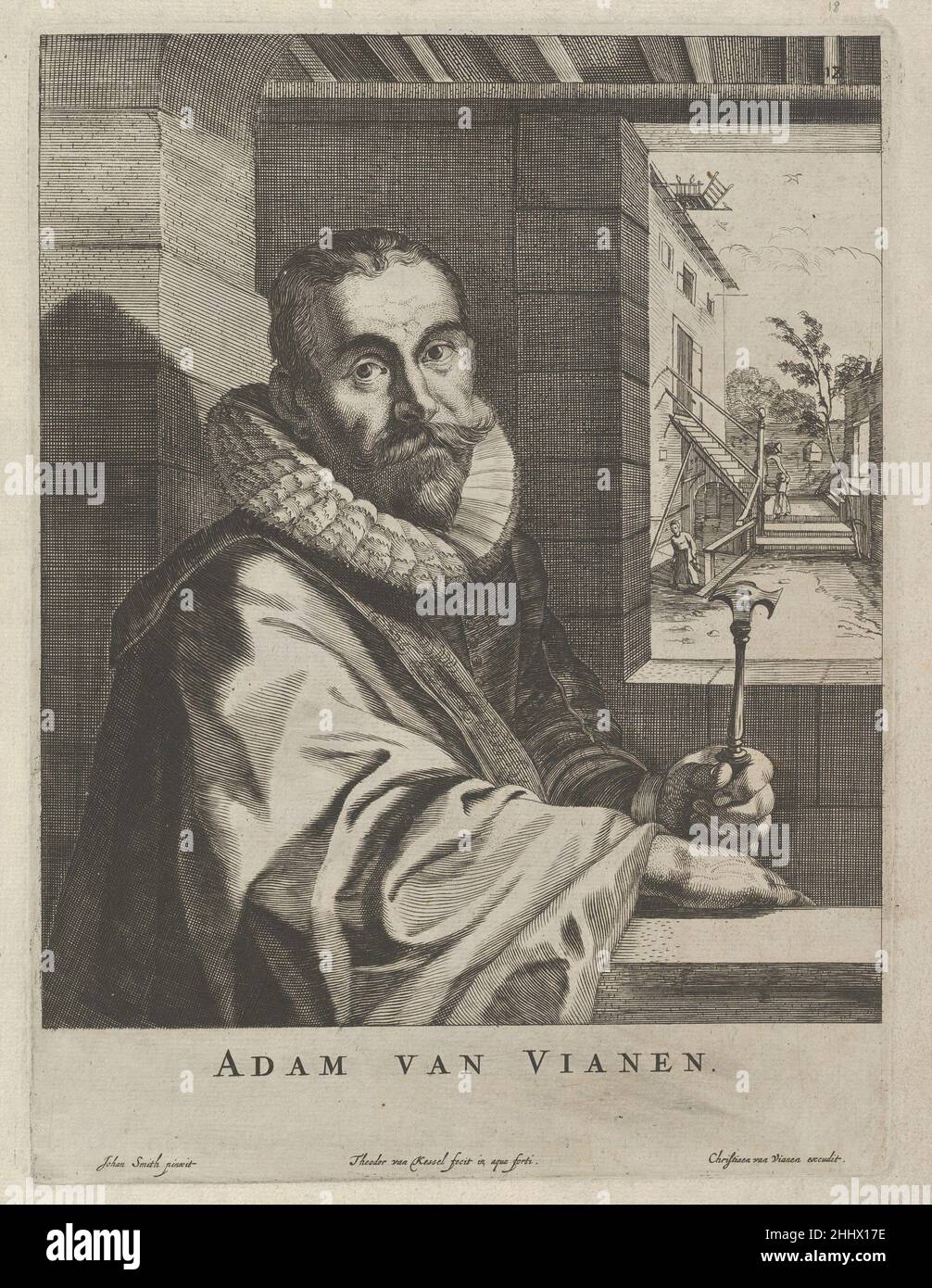 Modellli Artificiosi (...) Parte seconda (piastra 18: Ritratto di Adam van Vianen) [1646–52] Theodor van Kessel Ritratto olandese di Adam van Vianen, inserito come piatto 18 nella seconda parte di una serie di 48 piatti con disegni in stile auricolare, prevalentemente dopo Adam van Vianen, anche se alcuni potrebbero essere disegni di suo figlio Christaen. I disegni furono incisi da Theodor van Kessel e pubblicati ad Amsterdam da Christaen van Vianen intorno al 1646-1652. Modellli Artificiosi (...) Parte seconda (piatto 18: Ritratto di Adam van Vianen) 639892 Foto Stock