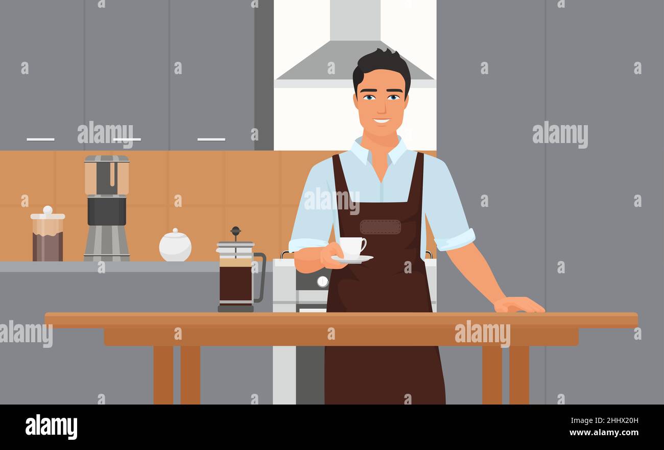 Interno della cucina della caffetteria con illustrazione vettoriale del barista. Cartoon sorridente giovane barista hipster personaggio in grembiule tenere una tazza di caffè, fare Illustrazione Vettoriale