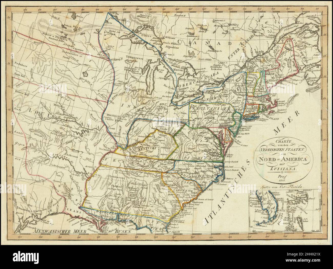 Franz Pluth Title Charte von den Vereinigten Staaten von Nord=America mit Luisiana Prag 1818 [inset della Florida rara]1818 Foto Stock
