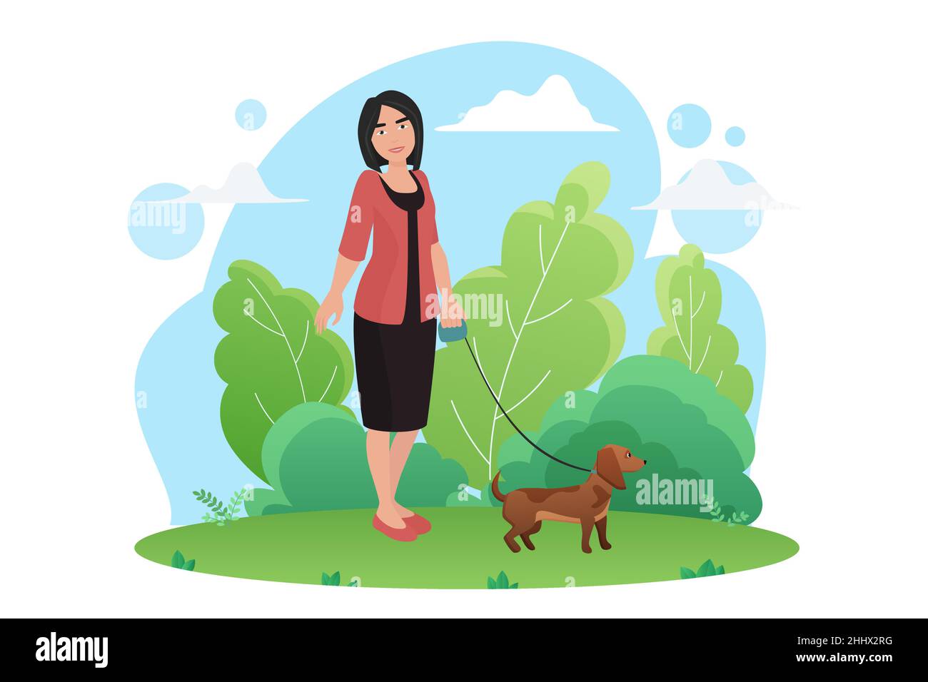 Donna che cammina con il piccolo cane animale domestico nel parco vettore illustrazione Illustrazione Vettoriale