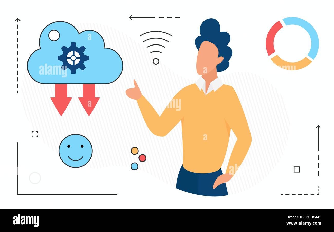 Archiviazione online su cloud di dati, caricamento di file di caratteri man, icone di riga isolate in bianco Illustrazione Vettoriale