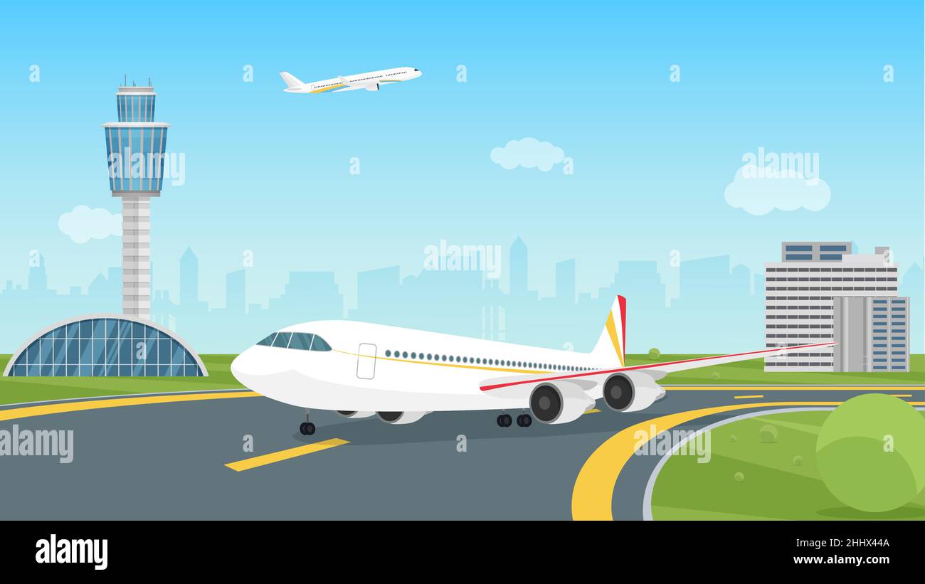 Aereo decollo dalla pista dell'aeroporto, illustrazione del decollo dell'aereo passeggeri. Vista aeroporto di Cartoon paesaggio con aeroplano su campo aereo, controllo t Illustrazione Vettoriale