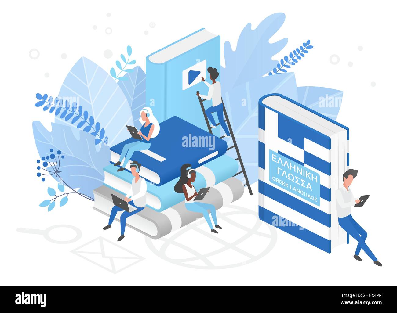 Persone che imparano la lingua greca isometrica 3D illustrazione vettoriale. Formazione a distanza, concetto di corsi di formazione online. Gli studenti leggono libri cartoon c Illustrazione Vettoriale
