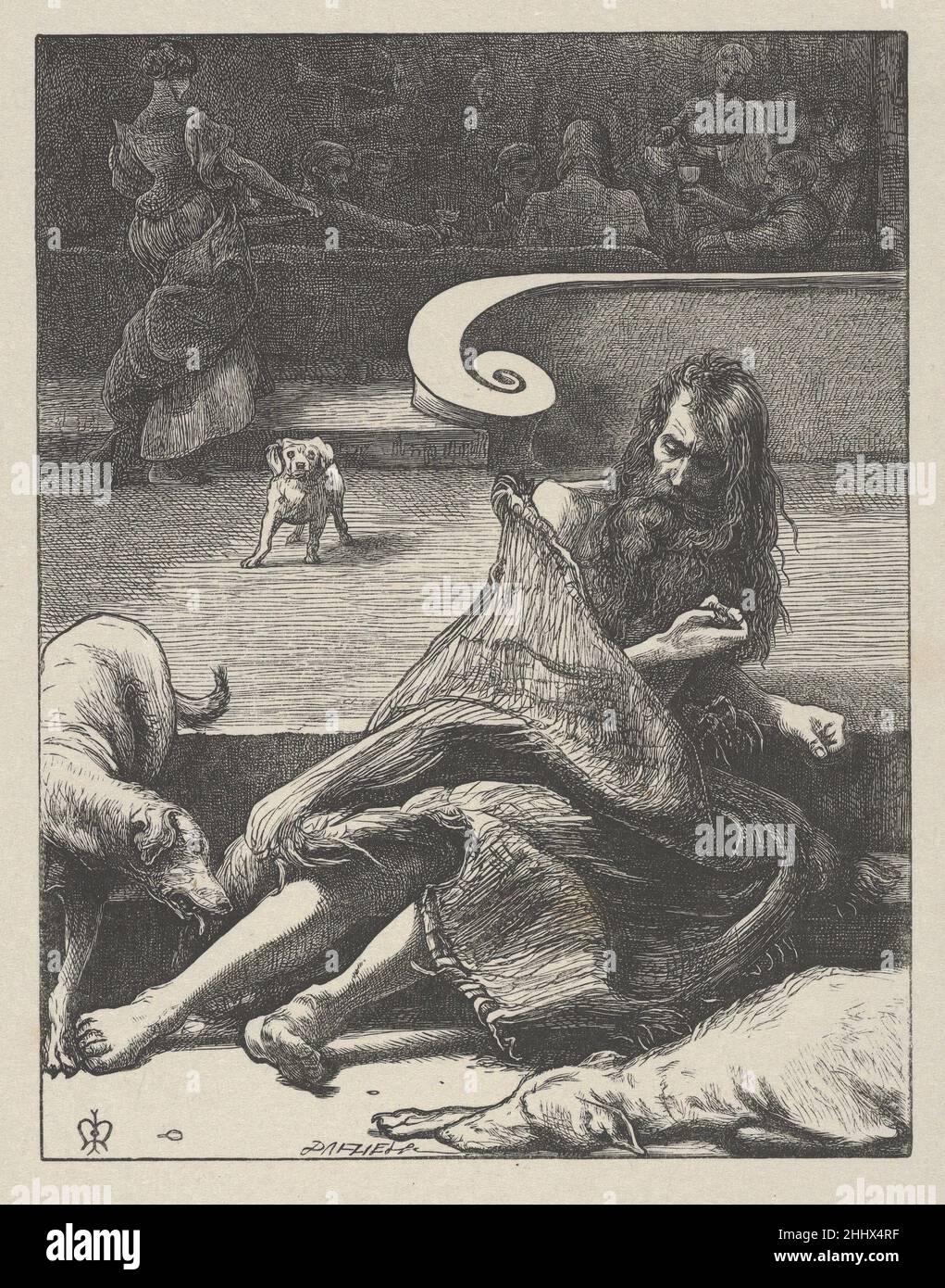 The Rich Man and Lazzaro (le parabole del nostro Signore e Salvatore Gesù Cristo) 1864 dopo Sir John Everett Millais British ci sono voluti sette anni a Millais per disegnare venti immagini ispirate dalle parabole del nuovo Testamento per i fratelli Dalziel, e le stampe risultanti sono considerate pinnacoli di illustrazione incisa in legno. L'artista ha scritto ai suoi editori: "Posso fare disegni ordinari con la stessa rapidità della maggior parte degli uomini, ma questi disegni possono essere considerati alla stessa luce, ogni parabola che illustro forse una dozzina di volte prima di risolvere [l'immagine]". Dopo aver completato un disegno, Millais lo trasferì in un woodbl Foto Stock