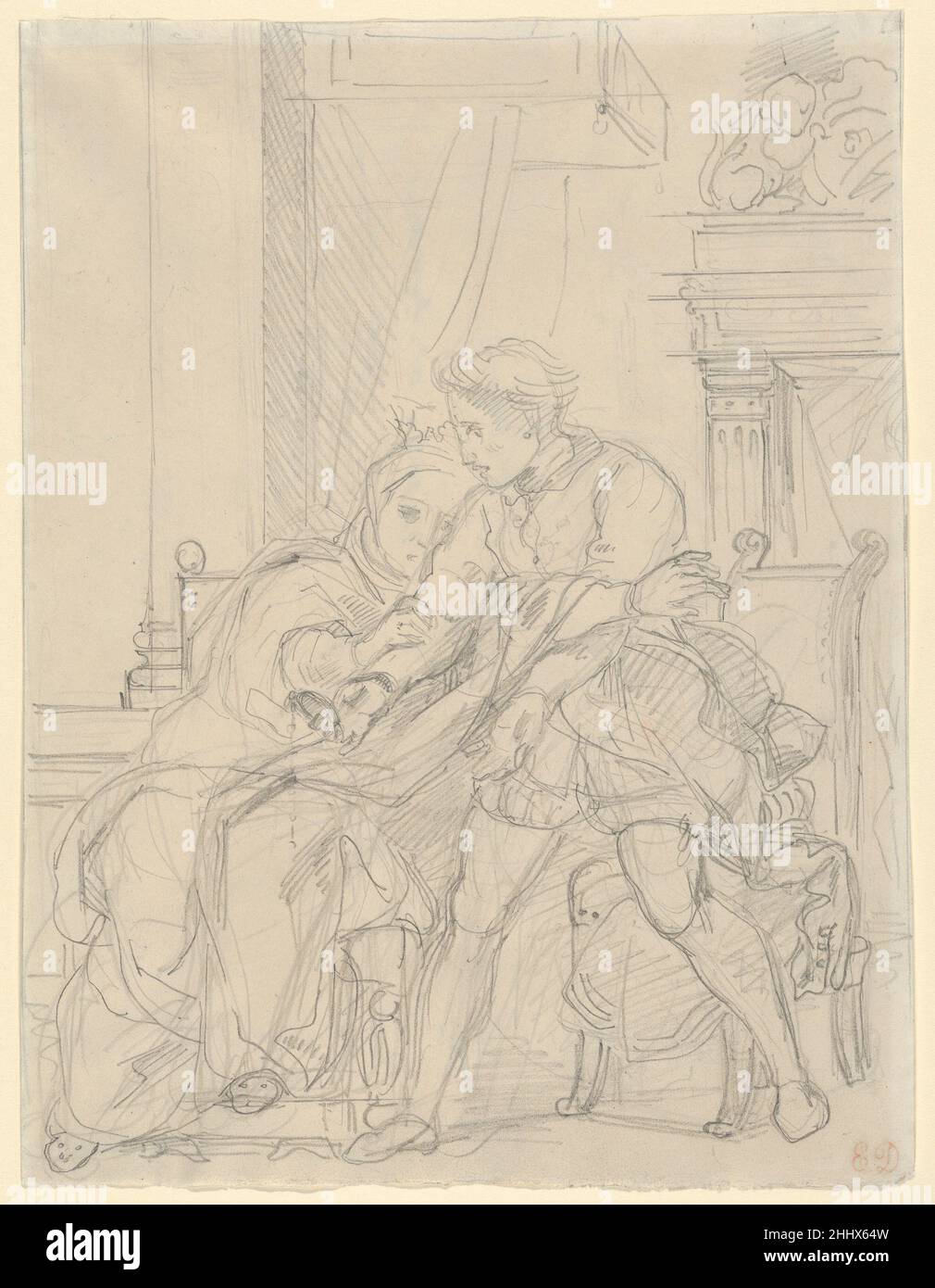 Frazione rimprovera sua Madre ca. 1834 Eugène Delacroix Francese dopo il 'Faust' di Goethe, Delacroix scelse 'Hamlet' come suo prossimo grande progetto di illustrazione. L'interesse dell'artista per Shakespeare iniziò presto: Scrisse brani di lettura e traduzione nel 1819. Tra i primi soggetti che ha preso dal gioco c'era l'atto 3, scena 4, in cui Hamlet mostra a sua madre un ritratto di suo padre scomparso, rimproverandola per aver sposato lo zio assassino Claudius. L'uso di un righello per organizzare l'architettura dello spazio, una procedura non comune per Delacroix, dimostra la cura con cui ha preparato Foto Stock