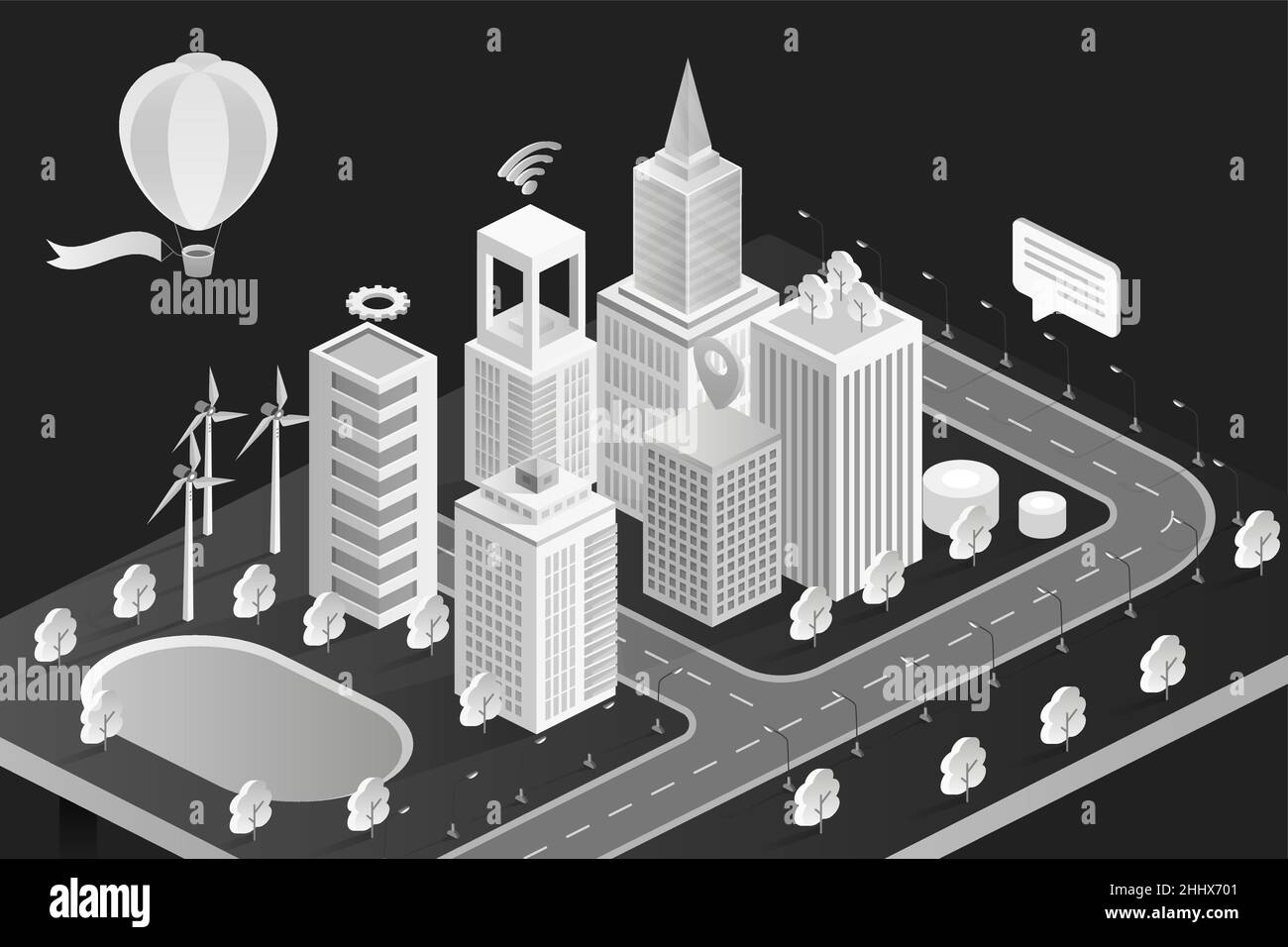 Isometric bianco e nero 3D città con moderno banca hotel uffici, case di città appartamento Illustrazione Vettoriale