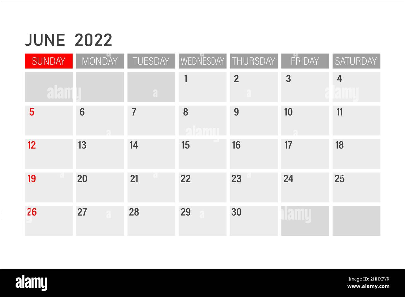 Calendario di giugno 2022. Illustrazione vettoriale di un calendario per giugno 2022. Modello vettore calendario tabella parete. Modello calendario parete giugno 2022. Illustrazione Vettoriale