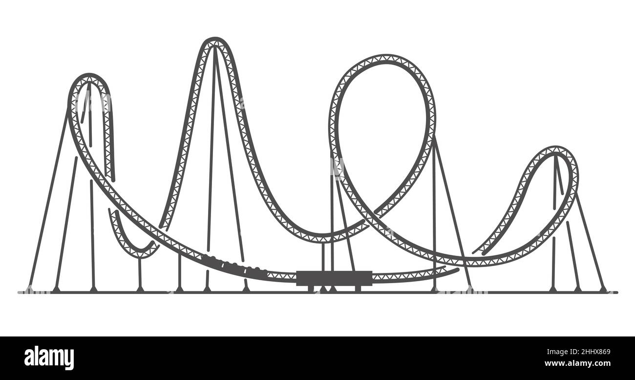 Silhouette con montagne russe. Pista di corsa nel parco divertimenti. Attrazione spaventosa. Illustrazione del contorno vettoriale Illustrazione Vettoriale