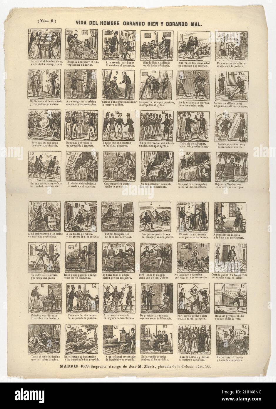 La vita dell'uomo che lavora bene e dell'altro male ('vida del hombre obrando bien y obrando al') 1859 1859 stampato da José María Marés Spanish 48-Century Broadsheet con 19th scene rettangolari divise in due parti. I primi 24 mostrano la vita di un uomo che raccoglie i frutti della sua buona condotta nella vita, mentre le 24 scene seguenti mostrano le conseguenze di una cattiva condotta. Tutte le scene sono accompagnate da due brevi linee descrittive che rima.. La vita dell'uomo che lavora bene e dell'altro male ('vida del hombre obrando bien y obrando mal') 1859 653050 Foto Stock
