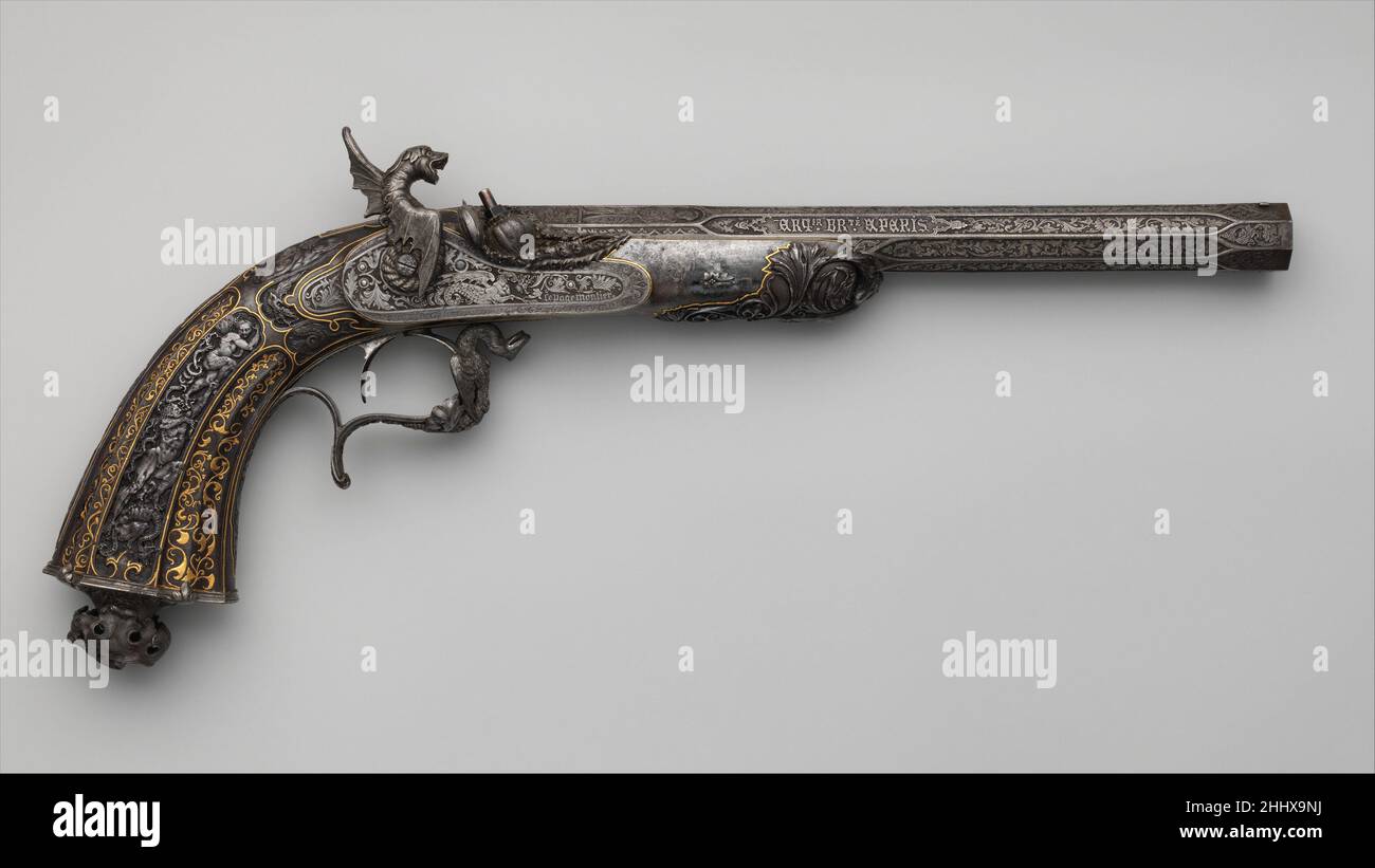 Mostra di percussioni Pistol del 1849 firmato da Gilles Michel Louis Moutier-le Page Francese commissionato dalla rinomata società di pistole di Parigi di le Page, queste sono le uniche pistole conosciute eseguite da Antoine Vechte (1799-1868), un virtuoso argentiere, scultore e scalpellatore, Che era famosa ai suoi giorni come 'ottocenteschi Cellini' in riferimento all'artista rinascimentale benvenuto Cellini. Le pistole sono uniche nella loro costruzione completamente in acciaio e nella varietà di ornamento figurale di ispirazione rinascimentale altamente originale. Questa pistola è stata esposta al Salone dell'industria francese Foto Stock