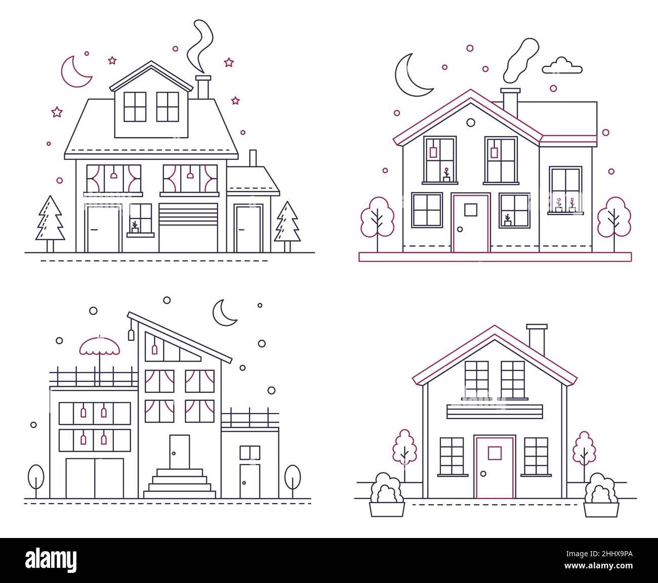 Vettore sottile linea icona suburbano case americane. Architettura classica illustrazioni edilizia civile per infografica, web design e interfac applicativo Illustrazione Vettoriale