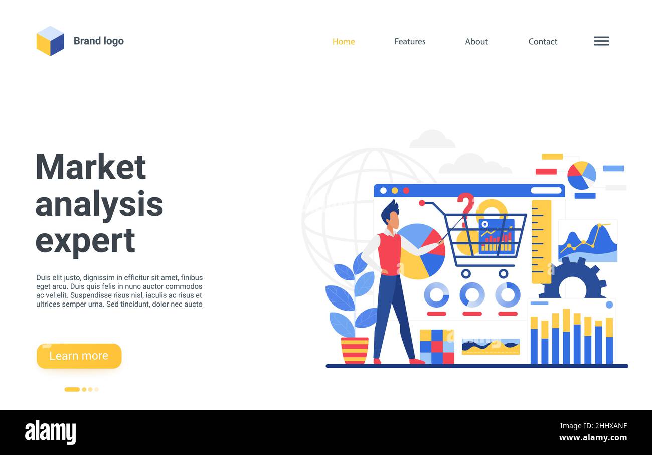 Cartoon businessman carattere consulta, fa la ricerca finanziaria, riferisce online analisi dei dati. Servizio di consulenza Internet, landing page sito desi Illustrazione Vettoriale