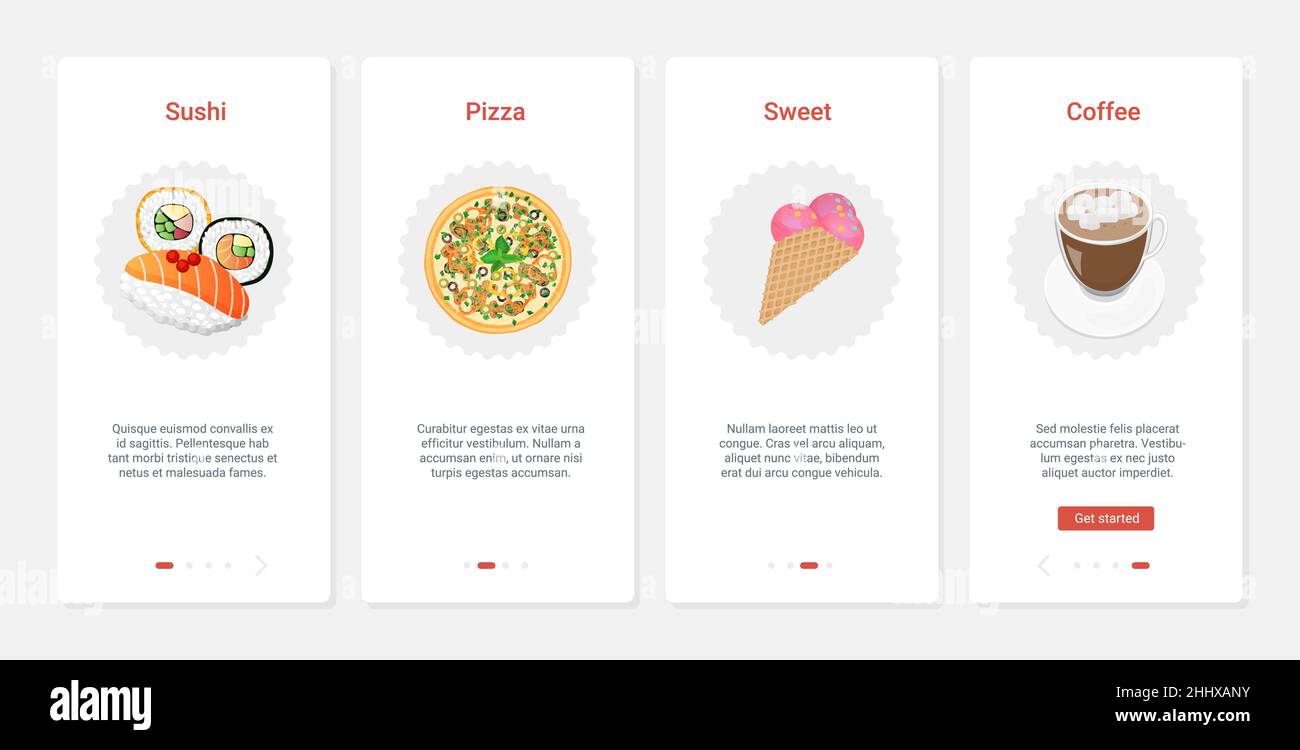 Fast food cafe' con gelato di sushi pizza e illustrazione vettoriale del caffe'. UX, UI onboarding pagina app mobile impostata con prodotto line takeaway per Illustrazione Vettoriale