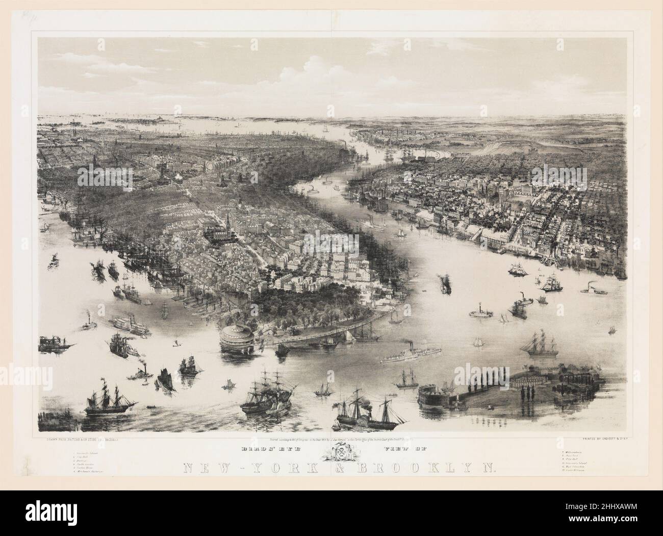 Bird's Eye View of New York and Brooklyn 1851 John Bachmann American. Bird's Eye View of New York and Brooklyn 381082 artista: John Bachmann, americano (nato in Germania o Svizzera), attivo New York 1849?85, litografo: William Endicott & Co., New York, NY, Bird's Eye View of New York and Brooklyn, 1851, litografia, immagine: 22 1/8 x 32 1/2 in. (56,2 x 82,6 cm) foglio: 25 1/4 x 34 1/2 pollici (64,1 x 87,6 cm). Il Metropolitan Museum of Art, New York. The Edward W. C. Arnold Collection of New York Prints, Maps and Pictures, Bequest of Edward W. C. Arnold, 1954 (54.90.1062) Foto Stock