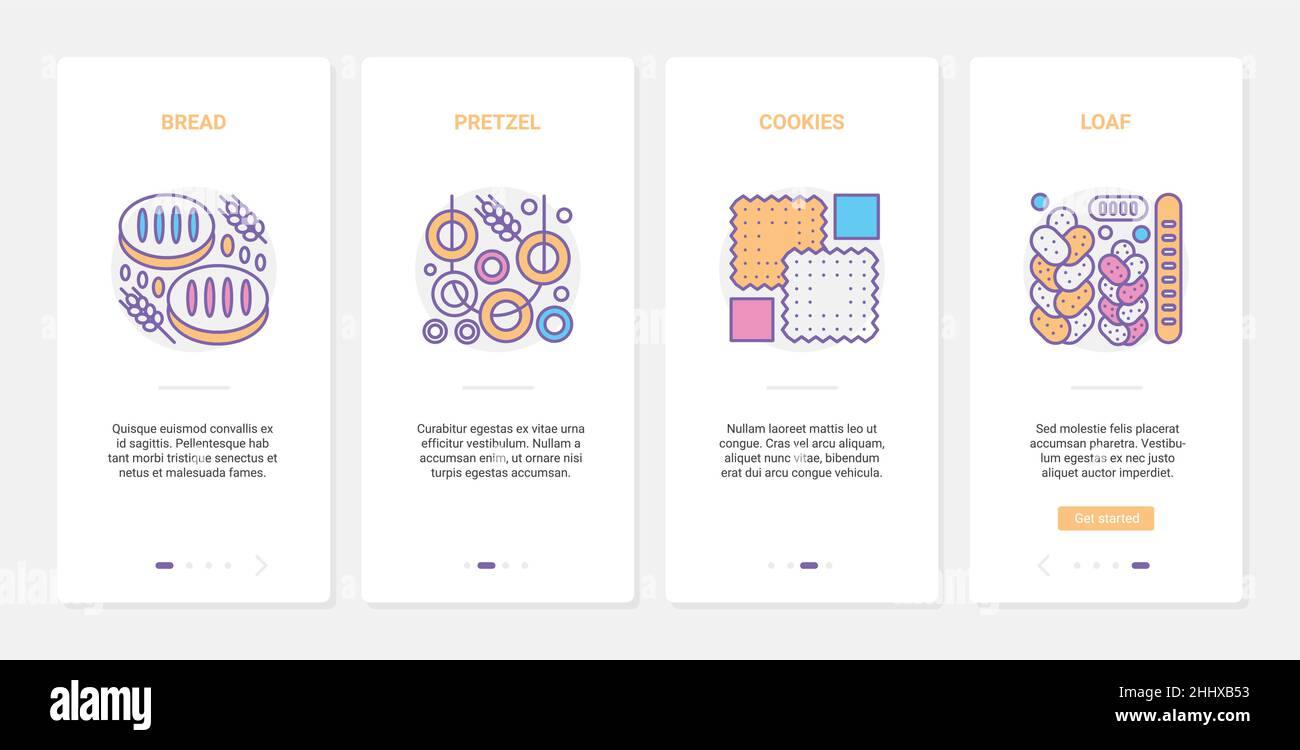 Pasticceria, panificio caffè prodotti alimentari illustrazione vettoriale. UX, UI onboarding pagina app mobile impostata con linea colazione pane menu spuntini, al forno Illustrazione Vettoriale