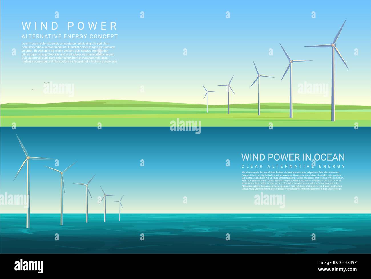 Energy Horizontal Concept background con turbine eoliche in campo verde prato e mare oceano Illustrazione Vettoriale