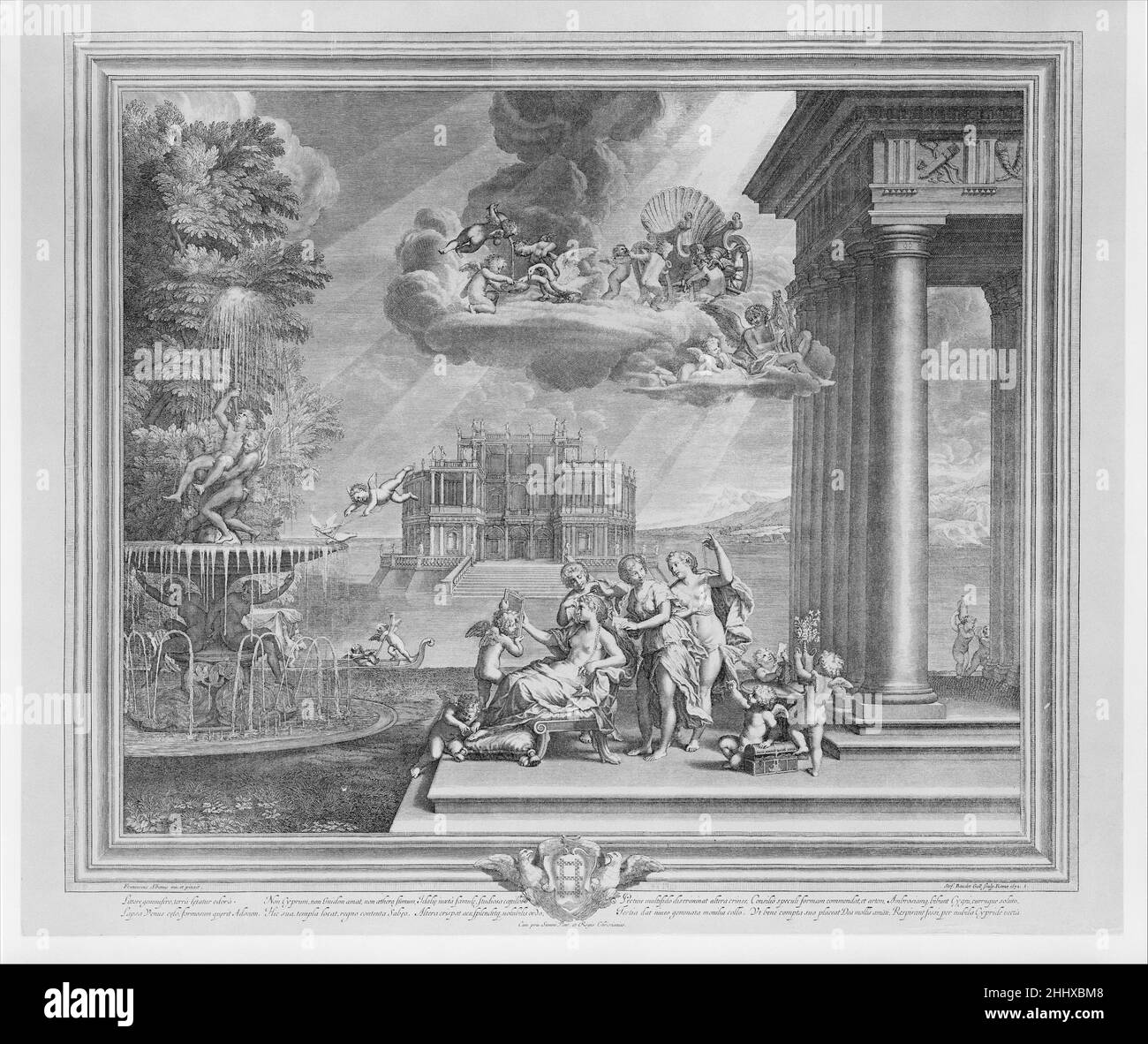 Plate 1: La Toilette di Venere; Venere reclinata al centro, guardando in uno specchio tenuto da Cupido, gli assistenti fissano i capelli mentre un putto si lega il suo sandalo, sopra il suo carro appare su una nuvola; dalla serie 'gli amori di Venere e Adonis' 1672 Etienne Baudet francese. Plate 1: La Toilette di Venere; Venere reclinata al centro, guardando in uno specchio tenuto da Cupido, le attendiste i capelli mentre un putto si lega al suo sandalo, sopra il suo carro appare su una nuvola; dalla serie 'gli amori di Venere e Adonis' 361824 Foto Stock