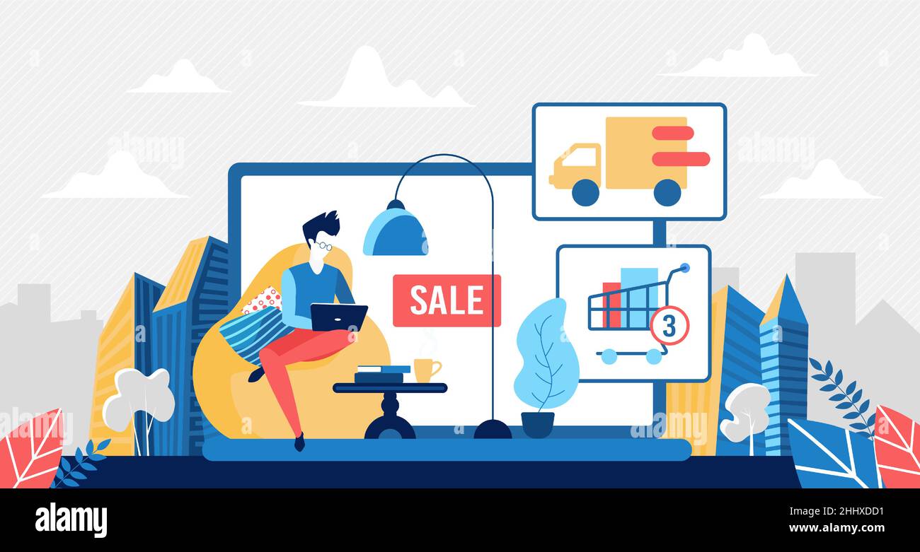 Acquista nel negozio online, rimani a casa e concetto di shopping Illustrazione Vettoriale