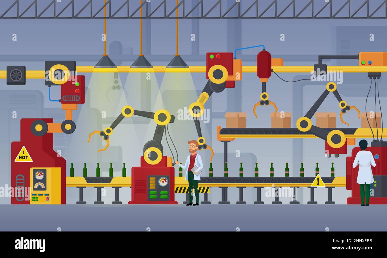 Moderna fabbrica di birra, processo di imbottigliamento dei trasportatori, impianti di confezionamento dei prodotti interni Illustrazione Vettoriale