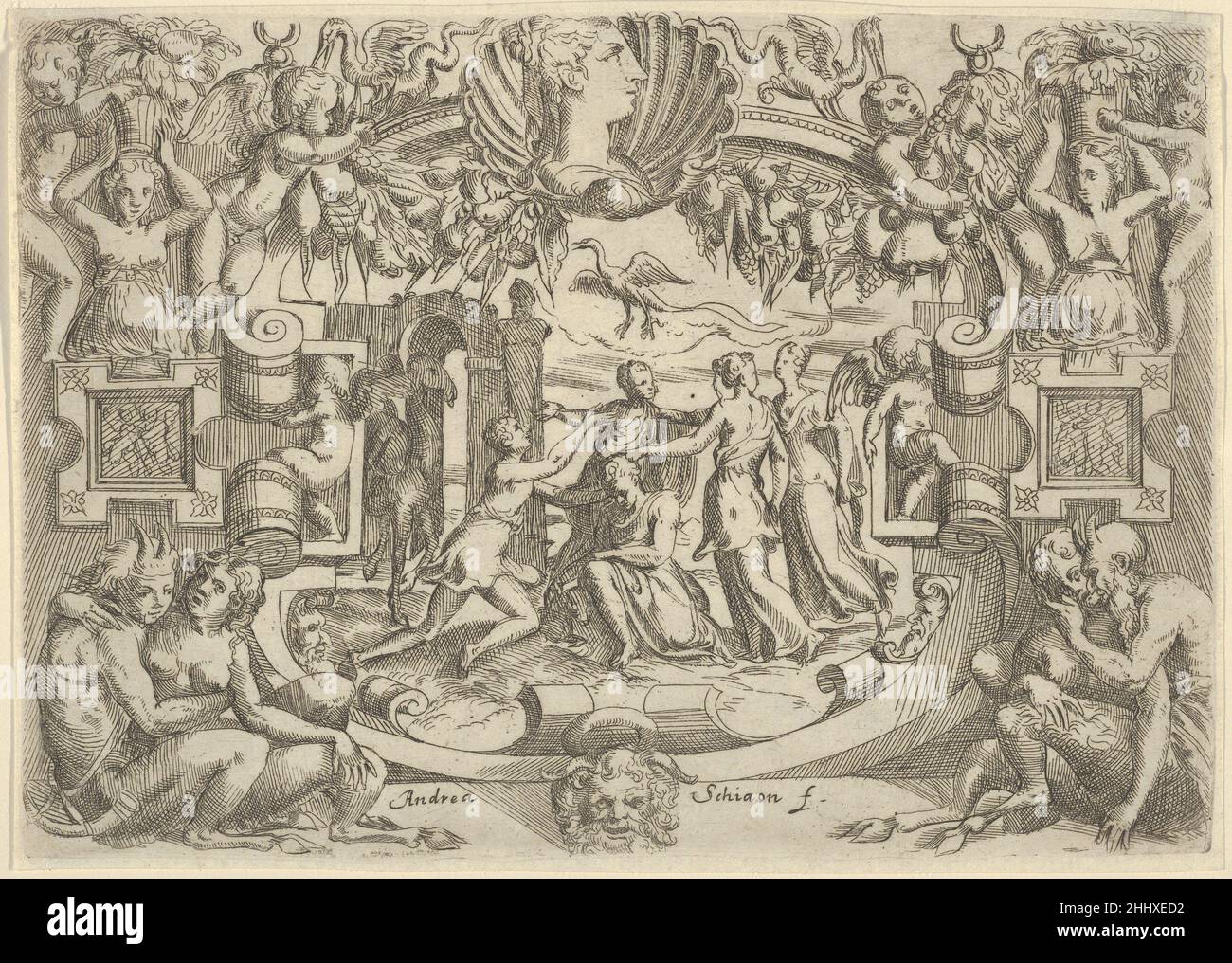 Quattro donne che circondano una figura seduta, un uccello sopra di loro, incastra in un elaborato telaio ca. 1540–80 Battista angolo del Moro Italiano. Quattro donne che circondano una figura seduta, un uccello sopra di loro, sistemate all'interno di un'elaborata cornice 625448 Foto Stock