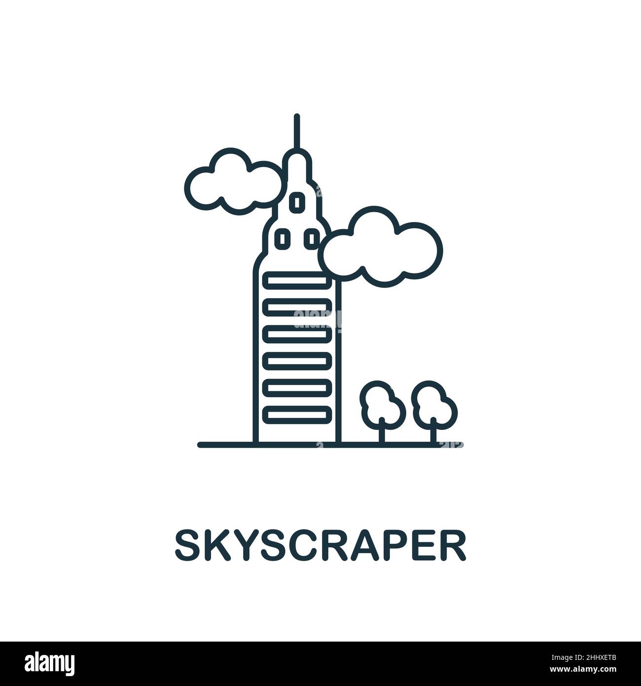 Icona grattacielo. Elemento di linea dalla collezione Big City LIFE. Simbolo icona dello Skyscraper lineare per il web design, l'infografia e altro ancora. Illustrazione Vettoriale