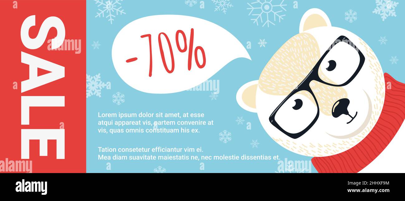 Promozione di Natale illustrazione vettoriale. Cartoon orso polare con occhiali e sciarpa rossa, regali e fiocchi di neve decorazione in piedi su Natale o W. Illustrazione Vettoriale