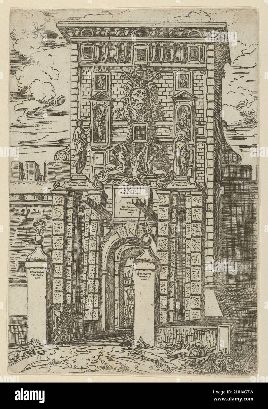 La porta Galiera, la porta d'ingresso di Bologna e il ponte levatoio con decorazioni temporanee per l'ingresso di Papa Clemente VIII a Bologna nel 1598 1598 Guido reni piatto italiano da 'creature de gli appariati fatti a Bologna per la venuta di N.S. Papa Clemente VIII', un libro che contiene una descrizione delle festività per l'ingresso di Papa Clemente VIII a Bologna e otto incisioni di reni che illustrano le decorazioni temporanee realizzate per l'evento, pubblicato da Vittorio Benacci a Bologna nel 1598. Una seconda edizione contenente un piatto aggiuntivo è stata pubblicata da Benacci nel 1599 e una successiva edizione ( Foto Stock