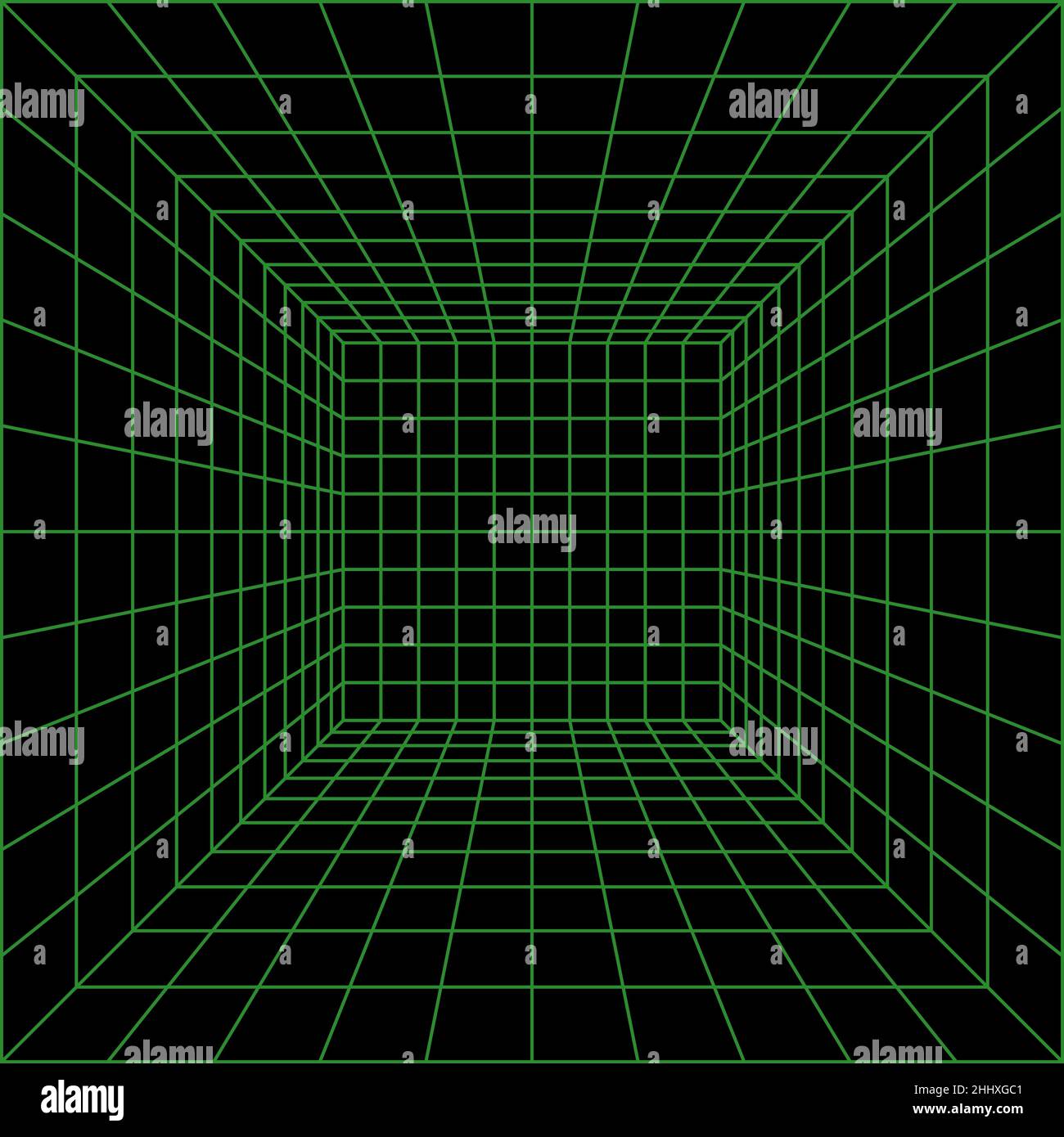 Cubo prospettico a reticolo. 3d camera con griglia a reticolo. 3d griglia laser in prospettiva. Sfondo nero cyberspace con mesh verde. Corridoio digitale futuristico Illustrazione Vettoriale
