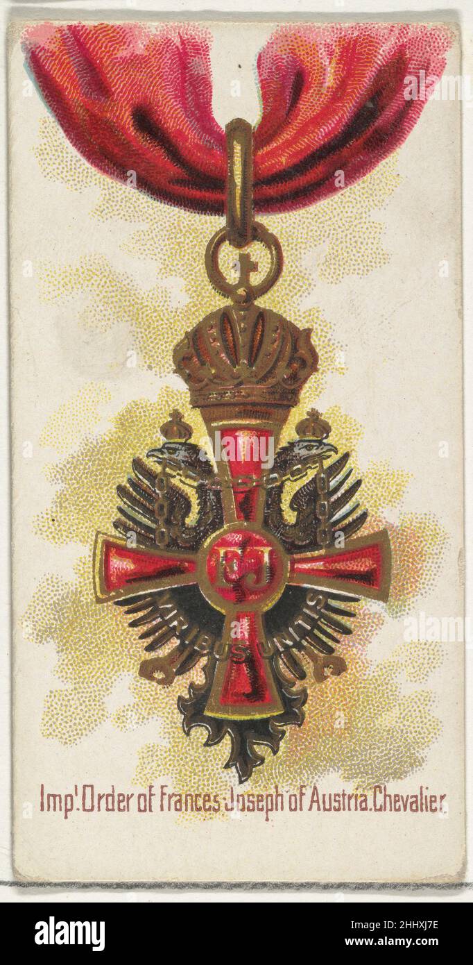 Imperial Order of Frances Joseph of Austria, Chevalier, della serie di decorazioni del mondo (N30) per sigarette Allen & Ginter 1890 Allen & Ginter American Trade cards della serie 'World's decorations' (N30), pubblicata nel 1890 in un set di 50 carte per promuovere sigarette a marchio Allen & Ginter. Ordine Imperiale di Frances Giuseppe d'Austria, Chevalier, della serie di decorazioni del mondo (N30) per sigarette Allen & Ginter 410439 Foto Stock