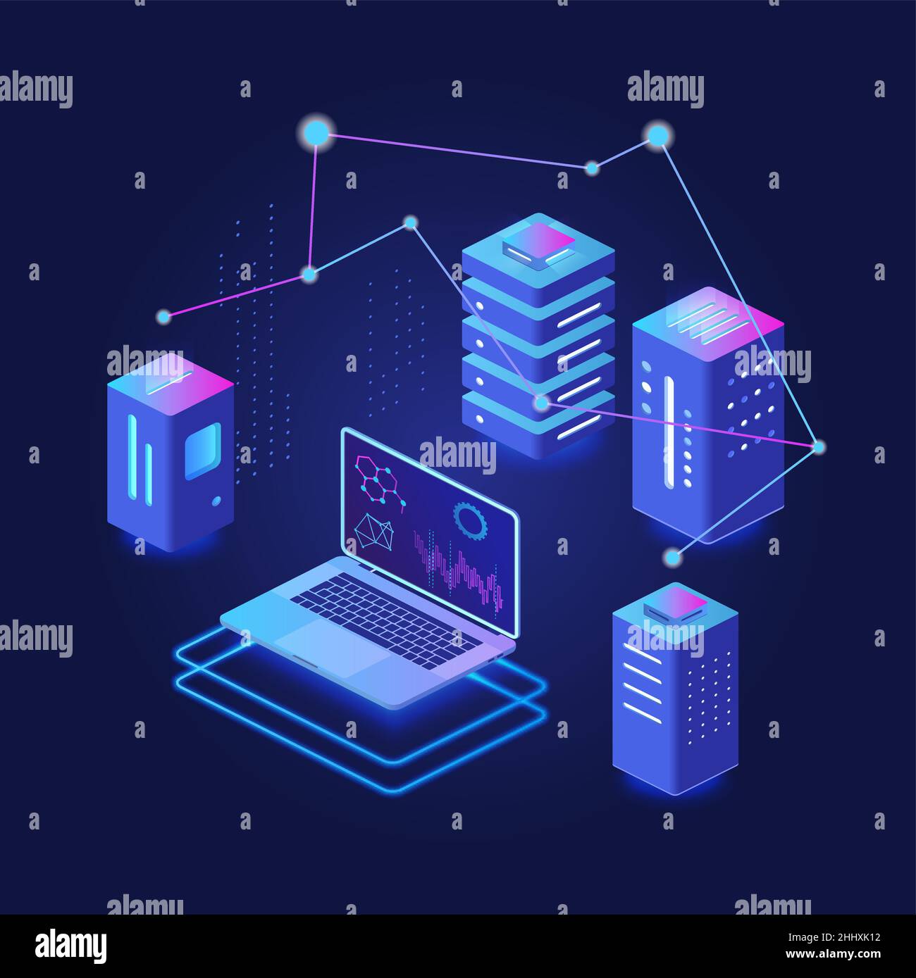 Elaborazione di big data, hosting e server, piattaforma virtuale database concetto isometrico dark neon Illustrazione Vettoriale