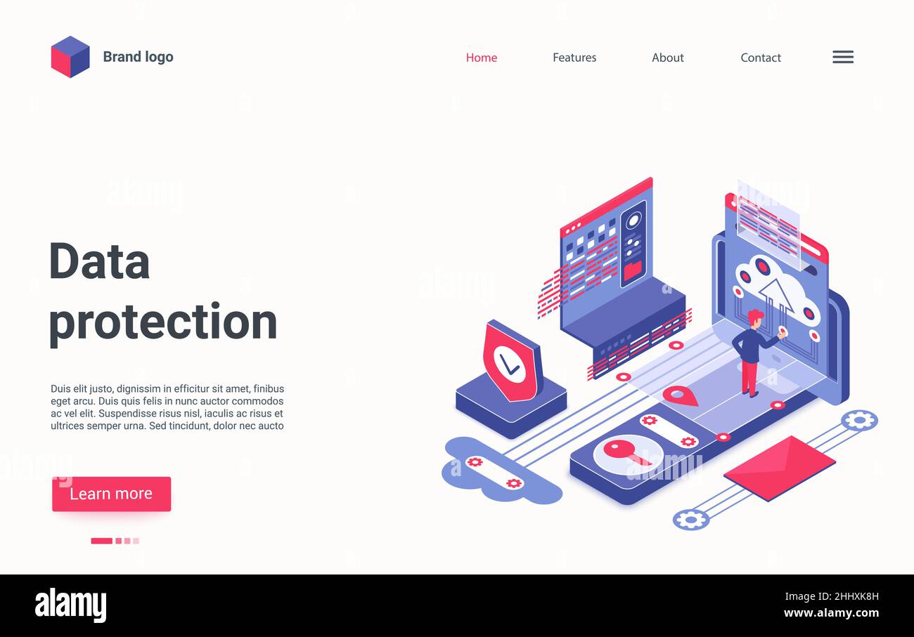Pagina di destinazione del concetto creativo, disegno di Web site con cartone animato 3D che protegge il software del data center, servizio tecnico per il database di sicurezza cibernetica del Internet. Isometr Illustrazione Vettoriale