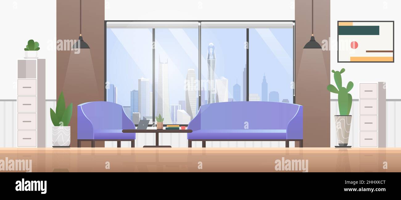 Illustrazione vettoriale del design piatto dell'interno del soggiorno. Cartoon vuoto moderno appartamento soggiorno con divano accogliente, immagine a parete, vista panoramica Illustrazione Vettoriale