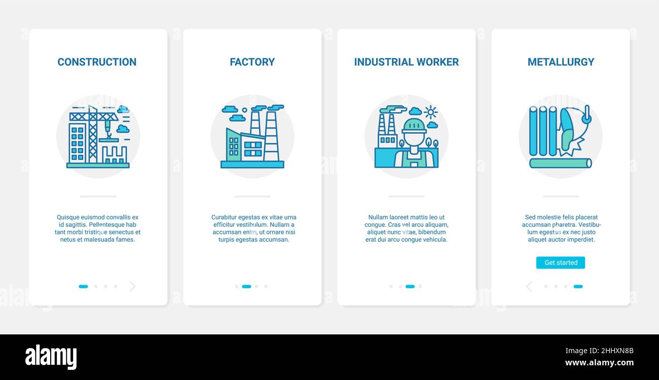 Industria metallurgica, illustrazione vettoriale della costruzione di impianti. UX, UI onboarding mobile app page set con line simboli industriali di acciaio prodotto Illustrazione Vettoriale