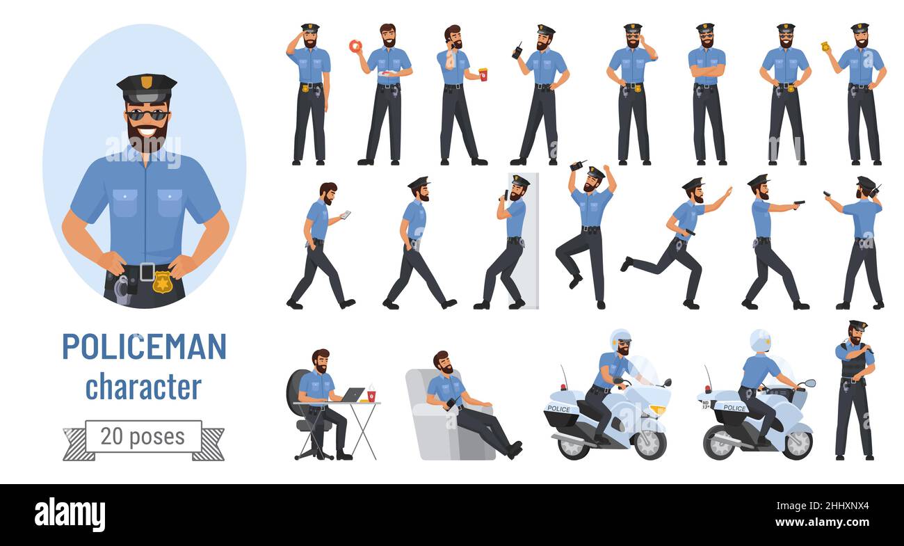Il poliziotto pone un set di illustrazioni vettoriali. Cartoon ported personaggio ufficiale professionale di polizia in varie azioni con emozioni, poliziotto in posa uniforme Illustrazione Vettoriale Il poliziotto pone un set di illustrazioni vettoriali. Cartoon ported personaggio ufficiale professionale di polizia in varie azioni con emozioni, poliziotto in posa uniforme Illustrazione Vettoriale