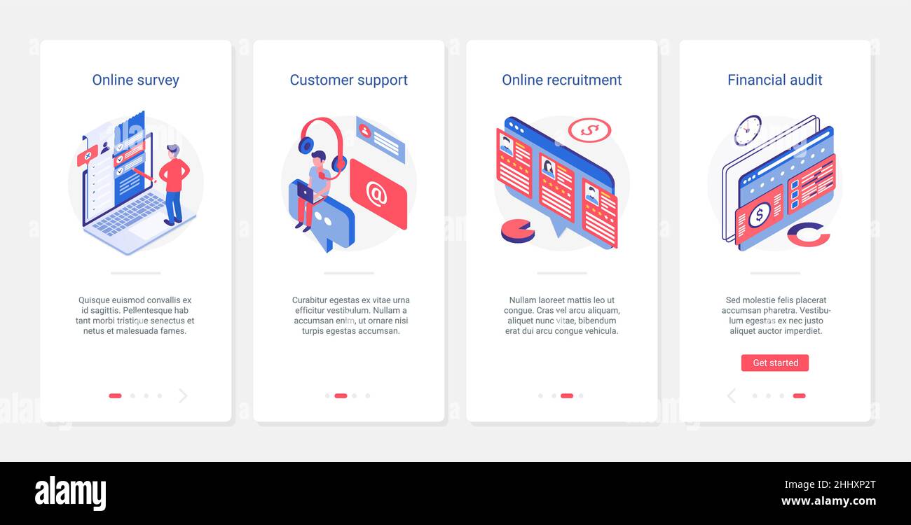 Supporto online isometrico, audit finanziario, illustrazione vettoriale del reclutamento. UX, UI onboarding pagina app mobile impostata con reclutamento cartoon 3D, c Illustrazione Vettoriale