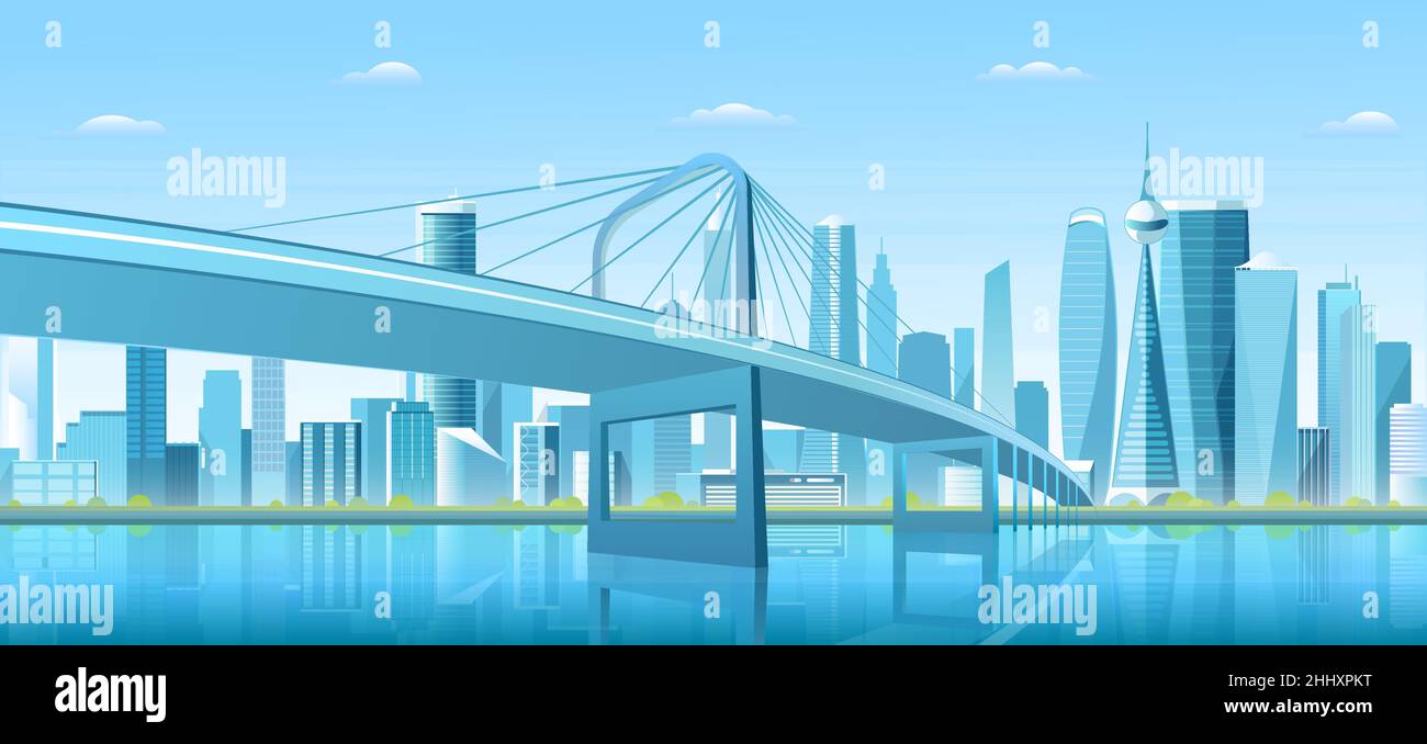 Immagine vettoriale del ponte della città sulla baia dell'acqua. Piano Cartoon nuovo ponte moderno al centro futuristico metropoli, blu centro città con acqua fr Illustrazione Vettoriale