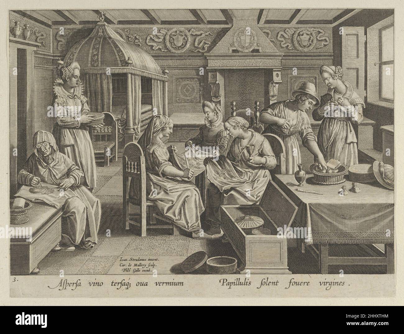 L'incubazione delle uova di Silkworm, piastra 3 da 'l'introduzione del Silkworm' [vermis Sericus] ca. 1595 Karel van Mallery terzo piatto olandese della serie vermis Sericus, inciso da Karel van Mallery, dopo Jan van der Straet, chiamato Stradanus, e pubblicato da Philips Galle intorno al 1595. Illustrazione dell'incubazione delle uova di bachi da seta. Questa scena raffigura sette donne in una stanza che eseguono l'incubazione di uova di bachi da seta. Le donne sedute a sinistra e al centro della stanza stendono le uova su pezzi di stoffa, mentre le donne a destra dispongono il panno avvolto con uova int Foto Stock