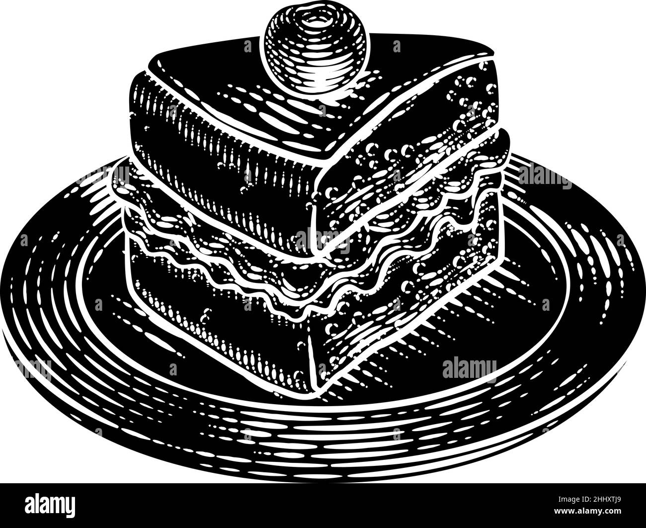 Torta Sponge marmellata di fette Crema Woodcut disegno Illustrazione Vettoriale