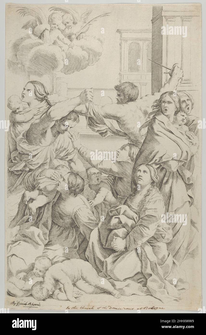 Massacro degli Innocenti; gruppo di donne e bambini attaccati, due angeli in alto a sinistra, dopo reni ca. 1640–70 inciso da Gian Battista Bolognini italiano dopo un dipinto di reni che all'epoca si trovava nella chiesa di San Domenico a Bologna. Verso non è visibile poiché la stampa viene posata su un altro foglio di carta. Massacro degli Innocenti; gruppo di donne e bambini attaccati, due angeli in alto a sinistra, dopo reni 668771 Foto Stock