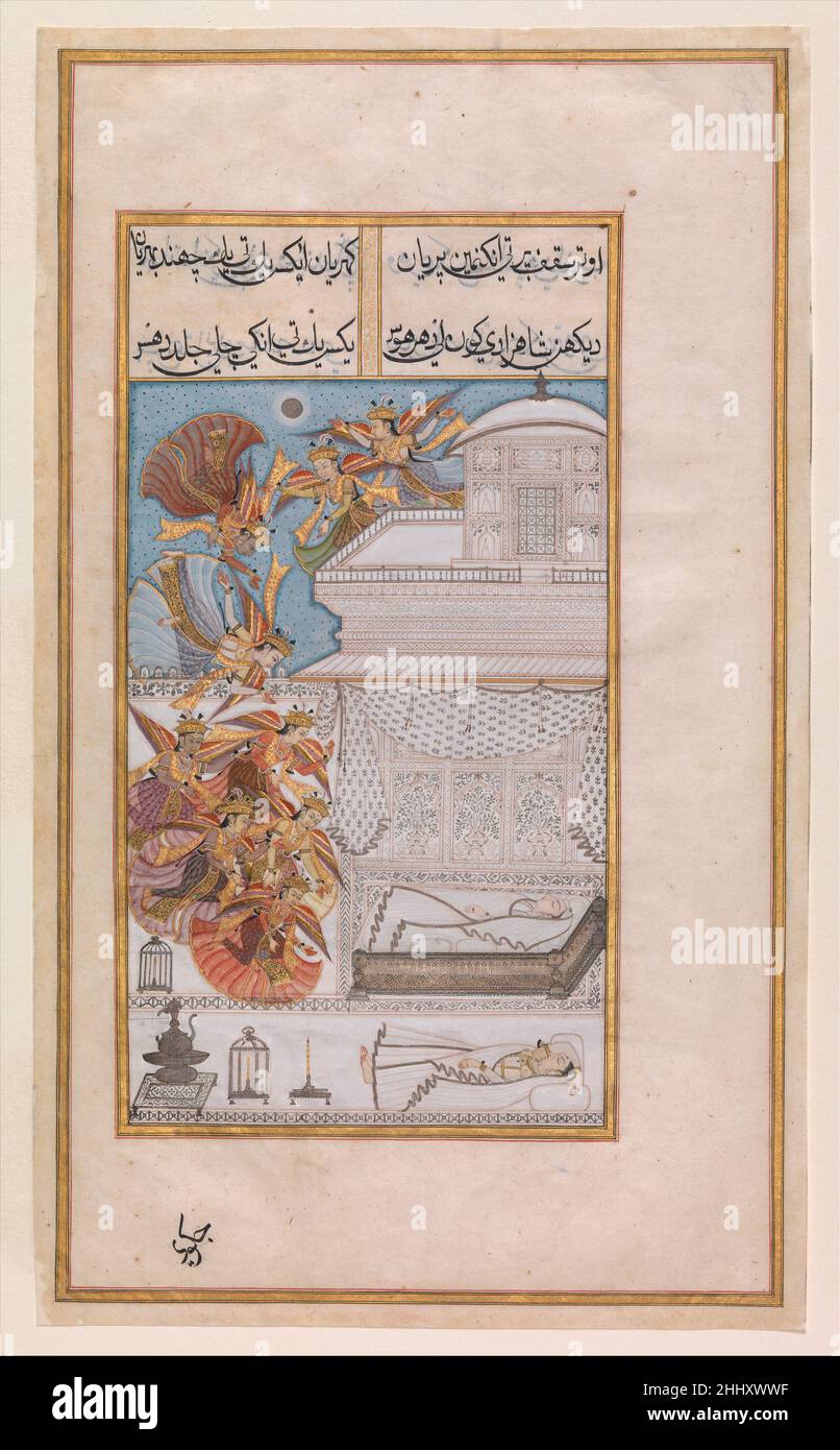 'Le fate scendono alla Camera del Principe Manohar', Folio da un Gulshan-i 'Ishq (Giardino delle Rose dell'Amore) ca. 1700 il Gulshan-i 'Ishq racconta la complicata storia di diverse coppie di amanti. A partire dal re Bikram e dalla moglie, che non possono concepire fino a quando Bikram non completa un viaggio di auto-scoperta, prosegue con le avventure del loro figlio, il principe Manohar, che, con un altro principe, salvò due principesse rapite. Qui, le fate, disegnate dal chiaro di luna che riflette il palazzo bianco in cui dorme il principe Manohar, scendono alla sua camera da letto. Decidono di trasportarlo con il suo letto al suo Foto Stock