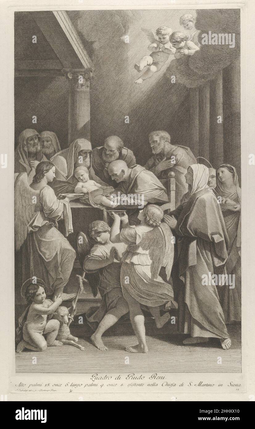 La circoncisione di Cristo, un gruppo di uomini, donne e angeli che lo circondano, il giovane San Giovanni Battista in basso a sinistra, dopo reni ca. 1760–1800 inciso da Giuliano Traballesi Italiano dopo un dipinto di reni nella Chiesa di San Martino in Siena; lastra 10 in una serie numerata di stampe realizzate da Traballesi dopo famosi dipinti italiani. La circoncisione di Cristo, un gruppo di uomini, donne e angeli che lo circondano, il giovane San Giovanni Battista in basso a sinistra, dopo reni 668676 Foto Stock La circoncisione di Cristo, un gruppo di uomini, donne e angeli che lo circondano, il giovane San Giovanni Battista in basso a sinistra, dopo reni ca. 1760–1800 inciso da Giuliano Traballesi Italiano dopo un dipinto di reni nella Chiesa di San Martino in Siena; lastra 10 in una serie numerata di stampe realizzate da Traballesi dopo famosi dipinti italiani. La circoncisione di Cristo, un gruppo di uomini, donne e angeli che lo circondano, il giovane San Giovanni Battista in basso a sinistra, dopo reni 668676 Foto Stock
