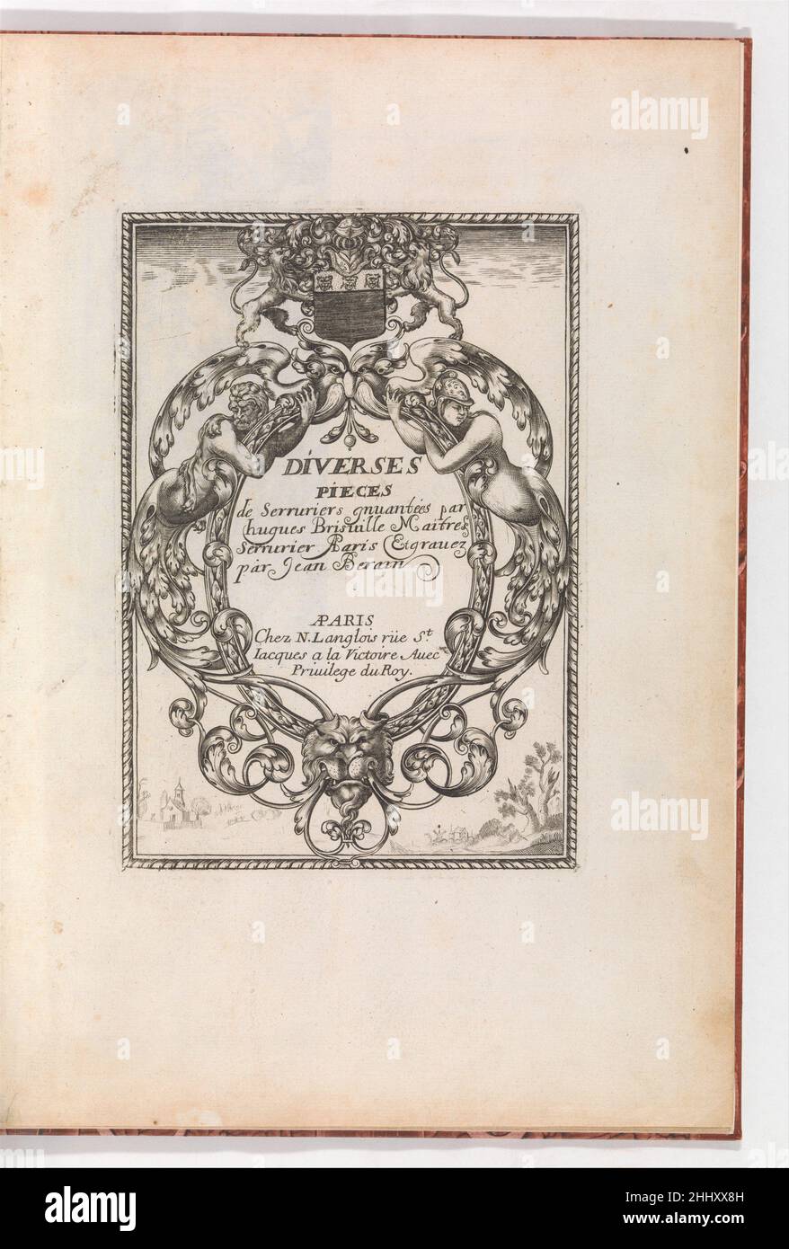 Devia pezzi di Serruriers, pagina del titolo (recto) ca. 1663 incisione francese Jean Berain di Jean i Berain, francese, Saint-Mihiel 1640-1711 Parigi e Gabriel Ladame, francese, attivo 1645-68. Disegni pubblicati da Francois Langlois dopo Hughes Brisville, francese, nato ca. 1633, Parigi attiva 1663. Nella figura è illustrata una pagina del titolo incisa a forma di rettangolo. Il titolo viene stampato in inchiostro nero al centro della pagina. A circondare il titolo si trova una cornice ovale decorativa, caratterizzata da due viti torsionali che si trasformano nei corpi superiori delle figure umane. Nella parte superiore dell'ovale si trova un'ala Foto Stock
