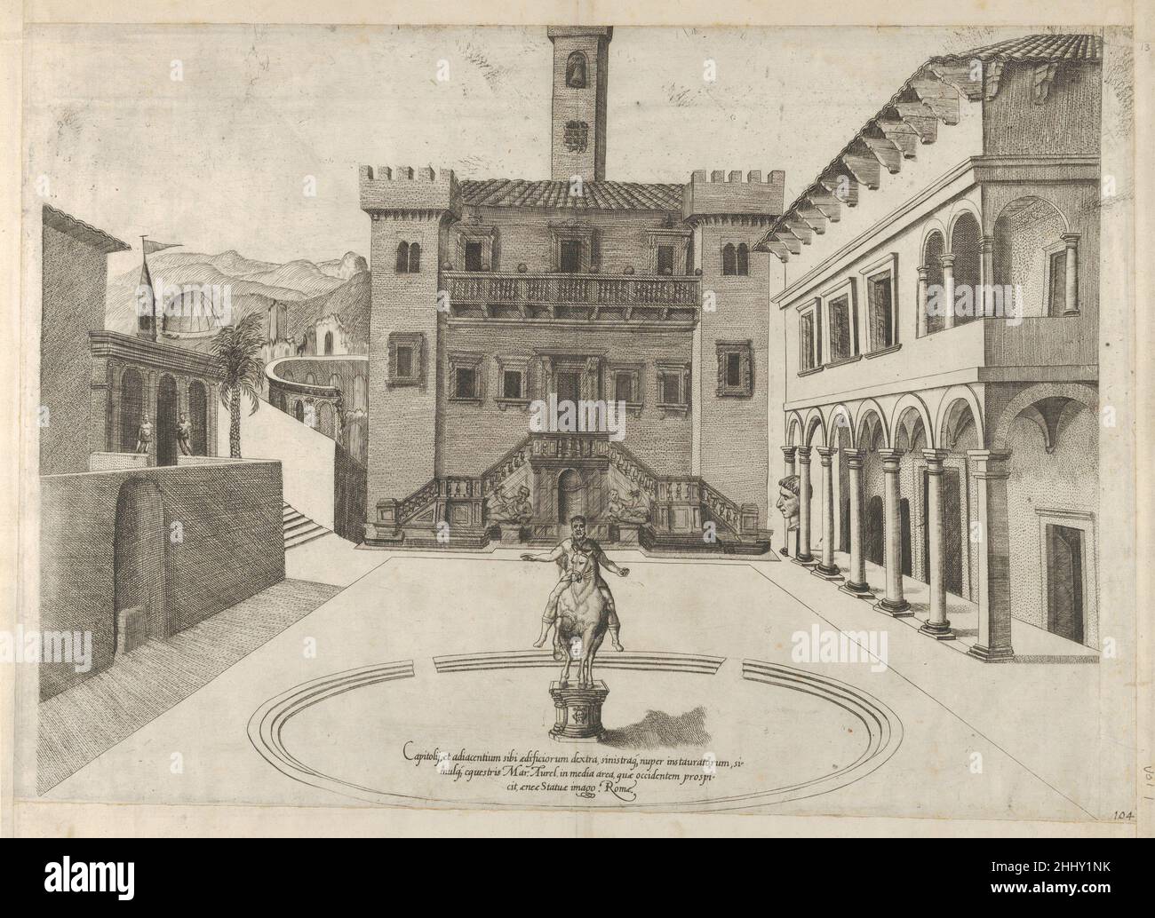 Vista del Campidoglio durante il restauro di Michelangelo, il monumento equestre di Marco Aurelio nel centro dal 'Speculum Romanae Magnificentiae' ca. 1561–63 Anonimo questa stampa proviene dalla copia del museo dello Speculum Romanae Magnificentiae (lo specchio della magnificenza romana) lo Speculum ha trovato la sua origine nelle opere editoriali di Antonio Salamanca e Antonio Lafreri. Durante la loro carriera editoriale romana, i due editori stranieri - che hanno lavorato insieme tra il 1553 e il 1563 - hanno iniziato la produzione di stampe che registrano opere d'arte, architettura e viste della città rela Foto Stock