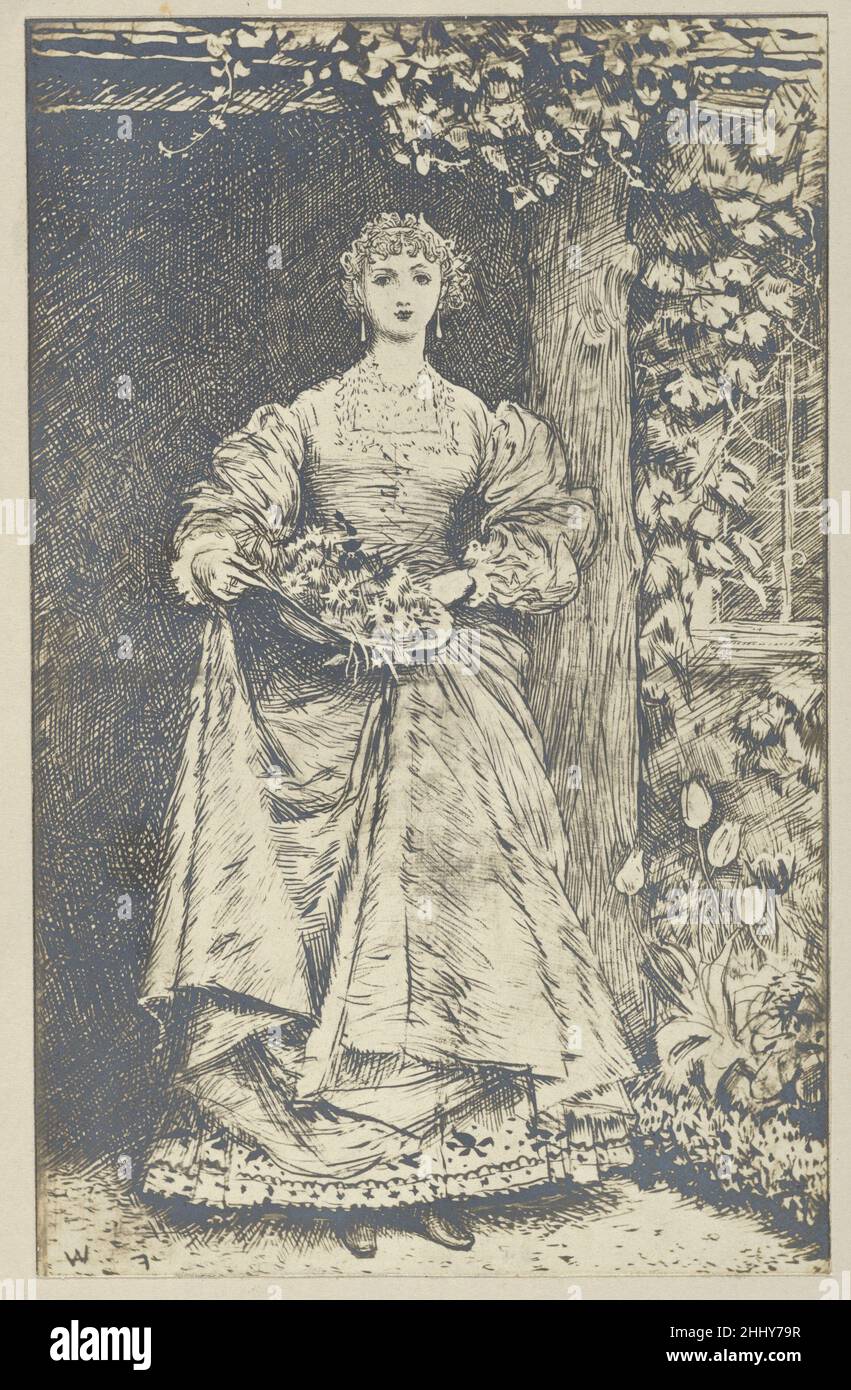 The Story of Elizabeth (disegno della pagina di titolo) ca. 1867 dopo Frederick Walker British questa fotografia registra il disegno di Walker su un blocco di legno per la pagina del titolo di 'la Storia di Elisabetta', successivamente incisa da Swain e pubblicata nel 1867. Una linea di giunzione orizzontale visibile riflette il fatto che le incisioni di legno sono stampate da piccoli pezzi di legno di bosso, tagliate attraverso il grano, poi imbullonate insieme. The Story of Elizabeth (disegno di titlepage) 648530 Foto Stock