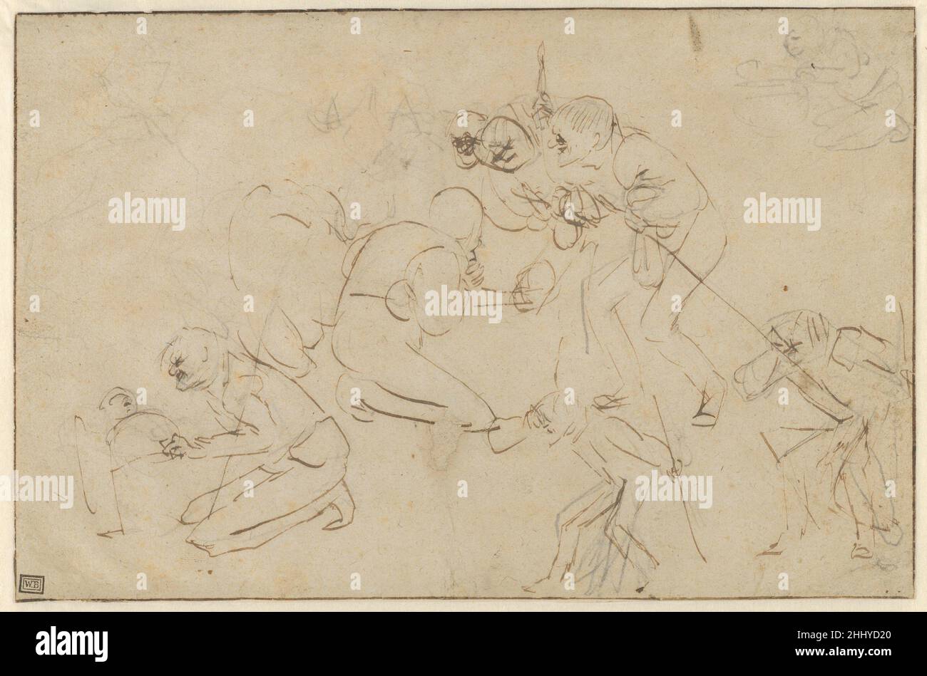 Studi per un'adorazione dei pastori inizio 17th secolo Adriaen Brouwer fiammingo sebbene non sopravviva un tale quadro con la mano, Brouwer, su questo foglio di lavoro, ha esplorato soluzioni per un'adorazione dei pastori. Vivaci studi di figura in gesso nero, alcuni di loro rielaborati in penna e inchiostro, coprire la pagina. Occupando la parte centrale del foglio è una rappresentazione dell'intero gruppo figurale. Al suo centro si trova il Cristo Bambino; il suo profilo è indicato in sintesi con alcuni tratti di penna veloci, che si sovrappongono a due linee diagonali, la gamba di uno dei pastori, e due tratti orizzontali, la parte superiore di Foto Stock