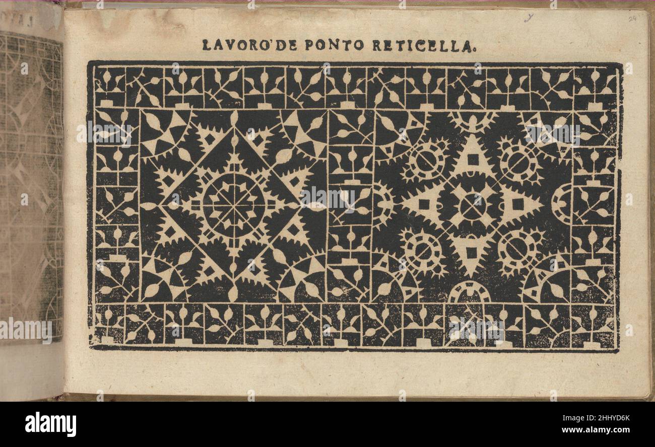 Studio delle virtuose Dame, pag. 29 (recto) 1597 Isabella Catanea Parasole Italian Designed by Isabella Catanea Parasole, Italian, ca. 1575-ca. 1625, pubblicato da Antonio Fachetti, Roma. Dall'alto verso il basso e da sinistra verso destra:Design diviso in 2 quadrati con un bordo ornato con quadrati contenenti un motivo fogliame. La piazza sulla sinistra è decorata con un diamante contenente un fiocco di neve. La piazza sulla destra è decorata con un quatrefoil circondato da cerchi. Studio delle virtuose Dame, pagina 29 (recto) 661020 Foto Stock