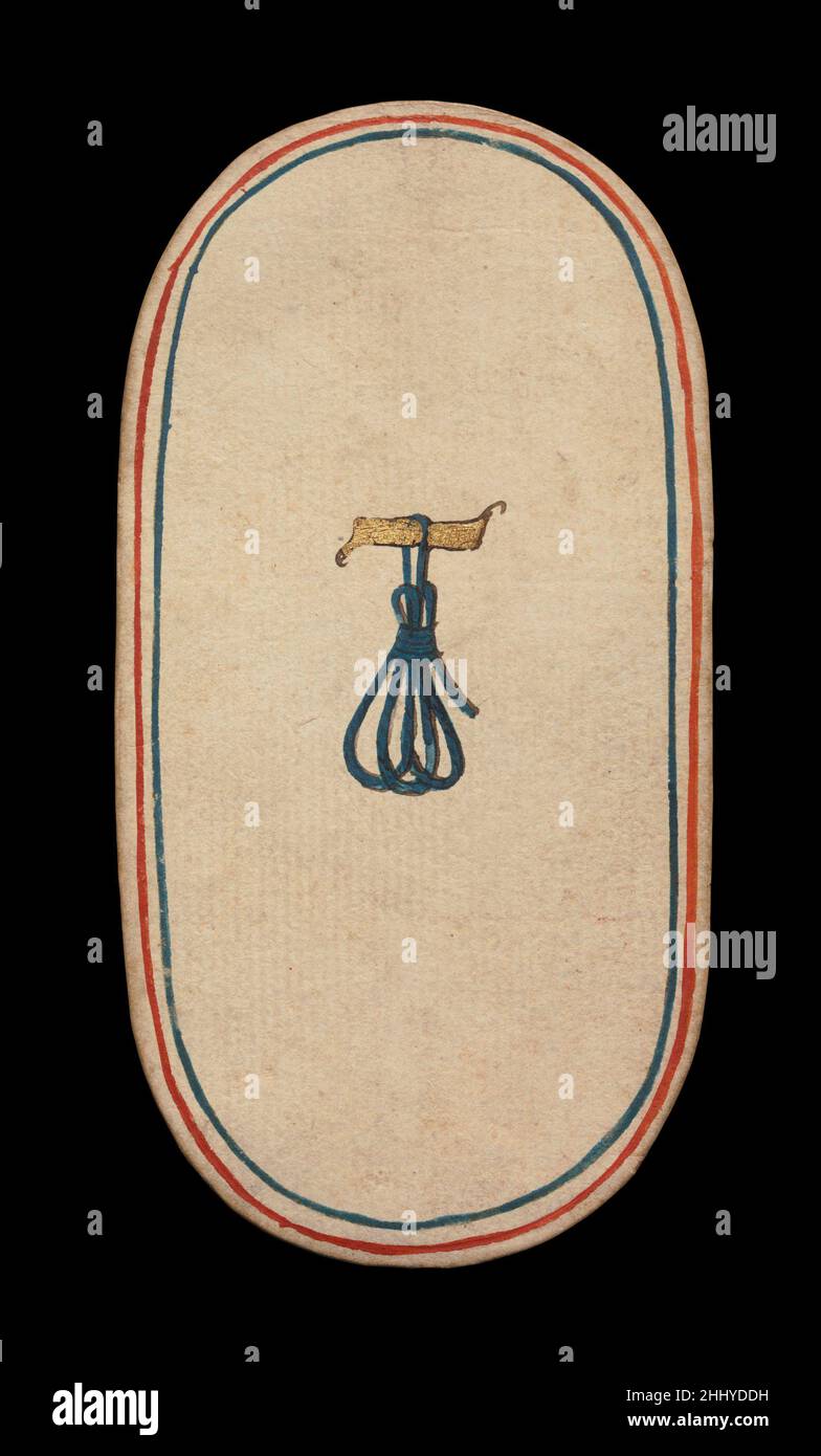 1 di Tethers, dalle carte da gioco dei Chiostri ca. 1475–80 South Netherlandish il set Cloisters di cinquantadue carte costituisce l'unico mazzo completo conosciuto di carte da gioco ordinarie illuminate (al contrario delle carte tarocchi) del XV secolo. Ci sono quattro tute, ciascuna composta da un re, una regina, un cavaliere e dieci carte pip. I simboli del vestito, basati sull'attrezzatura associata alla caccia, sono corna da caccia, collari di cane, tether di cane e nooses di gioco. Il valore delle carte pip è indicato da opportune ripetizioni del simbolo del seme. Le cifre, che sembrano essere basate su Franco-Flemi Foto Stock