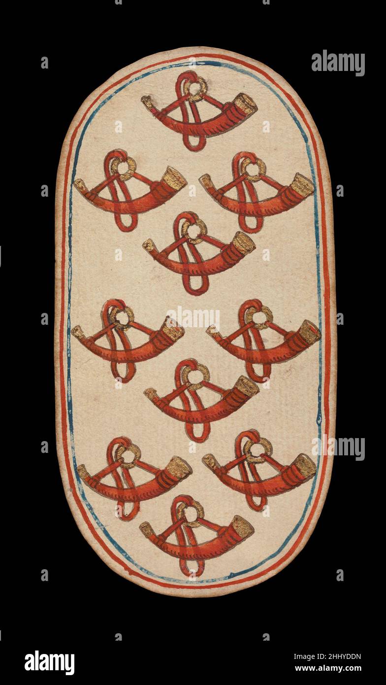 10 dei corni, dalle carte da gioco dei Chiostri ca. 1475–80 South Netherlandish il set Cloisters di cinquantadue carte costituisce l'unico mazzo completo conosciuto di carte da gioco ordinarie illuminate (al contrario delle carte tarocchi) del XV secolo. Ci sono quattro tute, ciascuna composta da un re, una regina, un cavaliere e dieci carte pip. I simboli del vestito, basati sull'attrezzatura associata alla caccia, sono corna da caccia, collari di cane, tether di cane e nooses di gioco. Il valore delle carte pip è indicato da opportune ripetizioni del simbolo del seme. Le cifre, che sembrano essere basate su Franco-Flemis Foto Stock