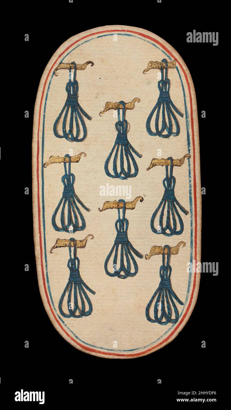 8 di Tethers, dalle carte da gioco dei Chiostri ca. 1475–80 South Netherlandish il set Cloisters di cinquantadue carte costituisce l'unico mazzo completo conosciuto di carte da gioco ordinarie illuminate (al contrario delle carte tarocchi) del XV secolo. Ci sono quattro tute, ciascuna composta da un re, una regina, un cavaliere e dieci carte pip. I simboli del vestito, basati sull'attrezzatura associata alla caccia, sono corna da caccia, collari di cane, tether di cane e nooses di gioco. Il valore delle carte pip è indicato da opportune ripetizioni del simbolo del seme. Le cifre, che sembrano essere basate su Franco-Flemi Foto Stock